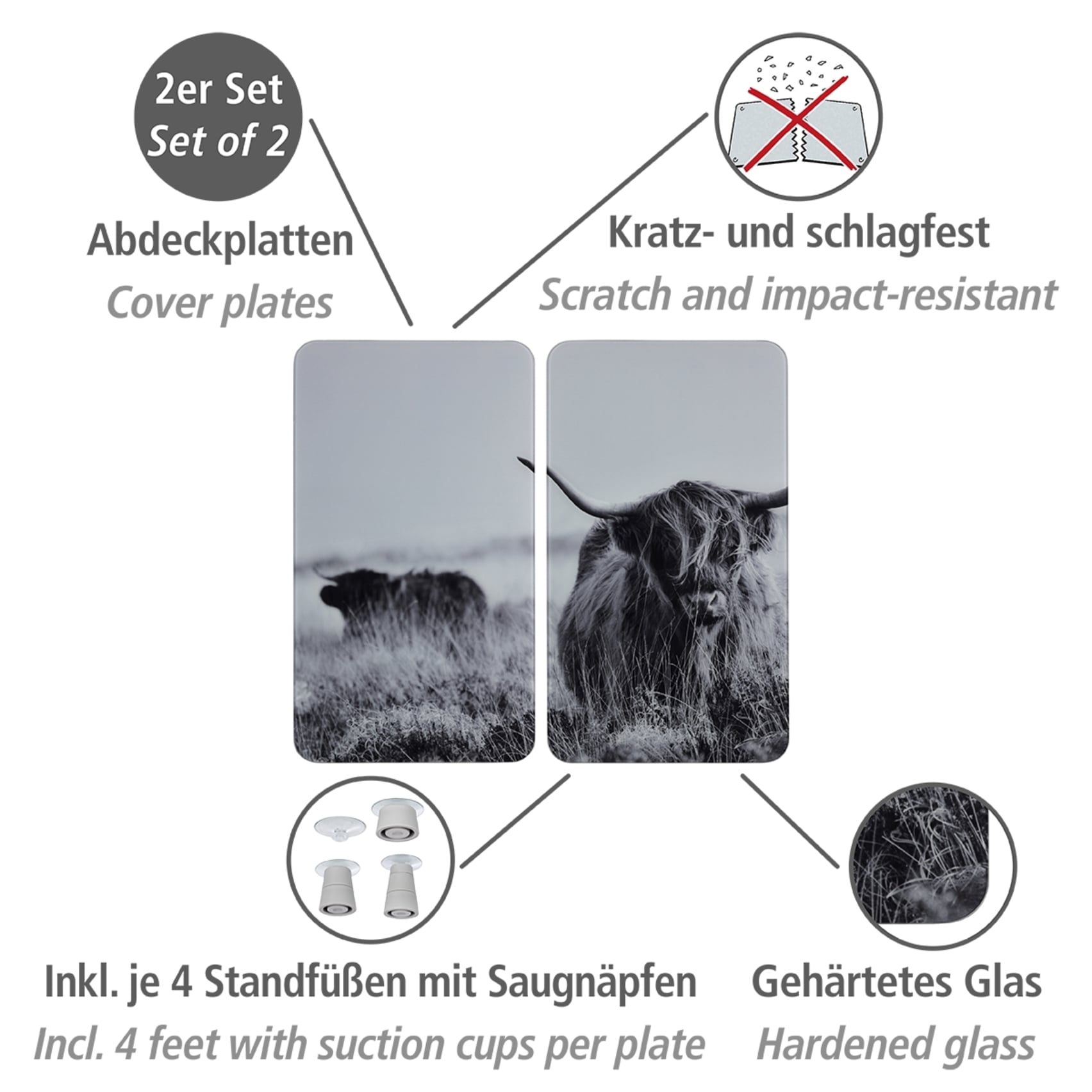 WENKO Herd-Abdeckplatte »Universal Modell Highland Cattle«, (Set, 2 tlg.), Herdabdeckung für alle Herdarten, kratzfest, mit rutschfesten Füssen