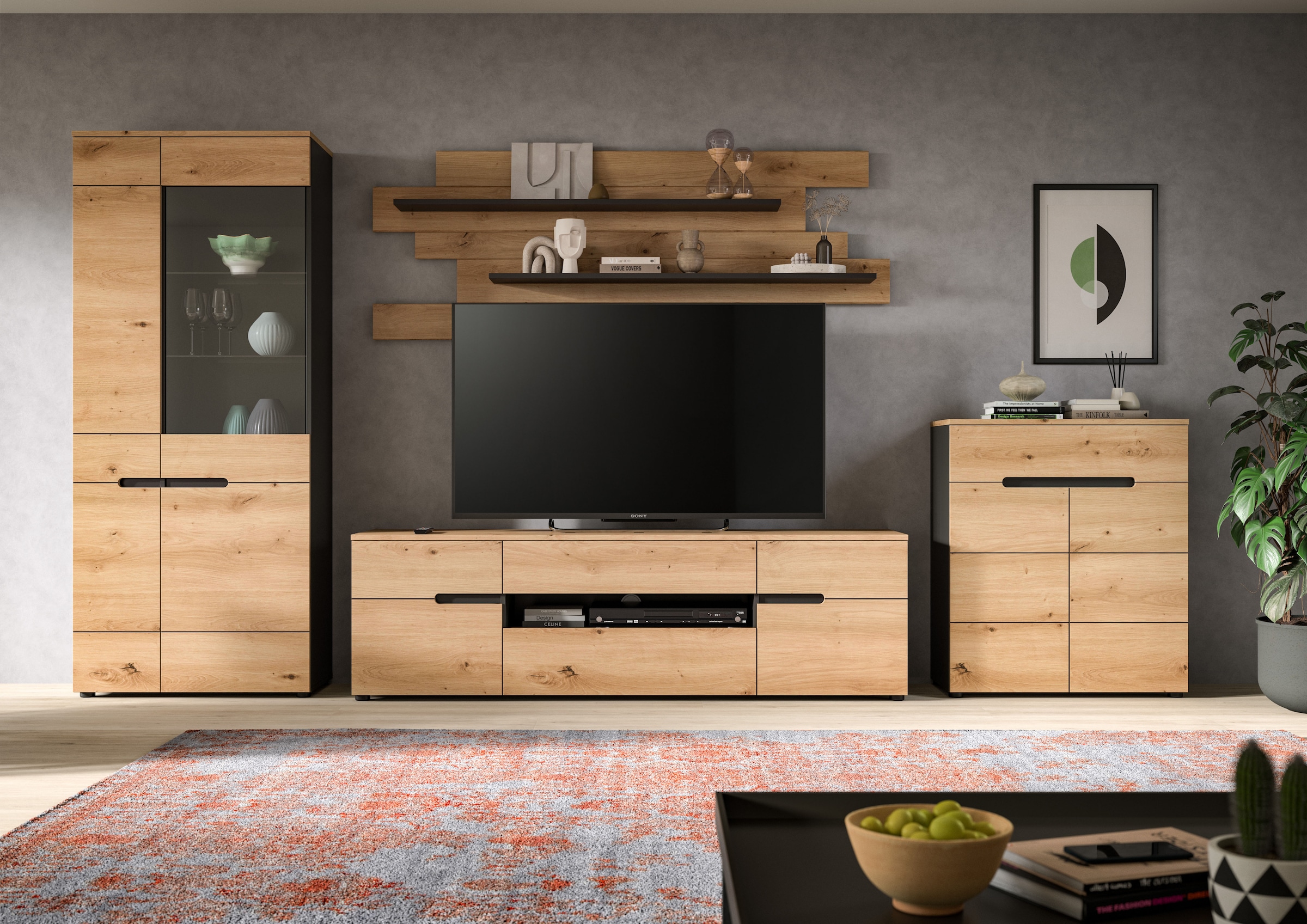 Image of Home affaire Wohnwand "REHAT, 4-teilig, Breite 375 cm, individuell stellbar" Set bestehend aus: Vitrine, Lowboard, Wandboard und Kommode, 4 Stk. tlg.