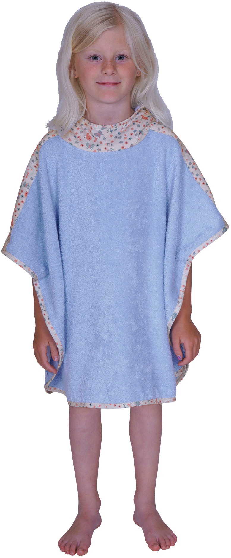Image of Wörner Badeponcho "Vogel" Aussenseite Kapuze und Schulteraufsatz aus bedrucktem Single-Jersey