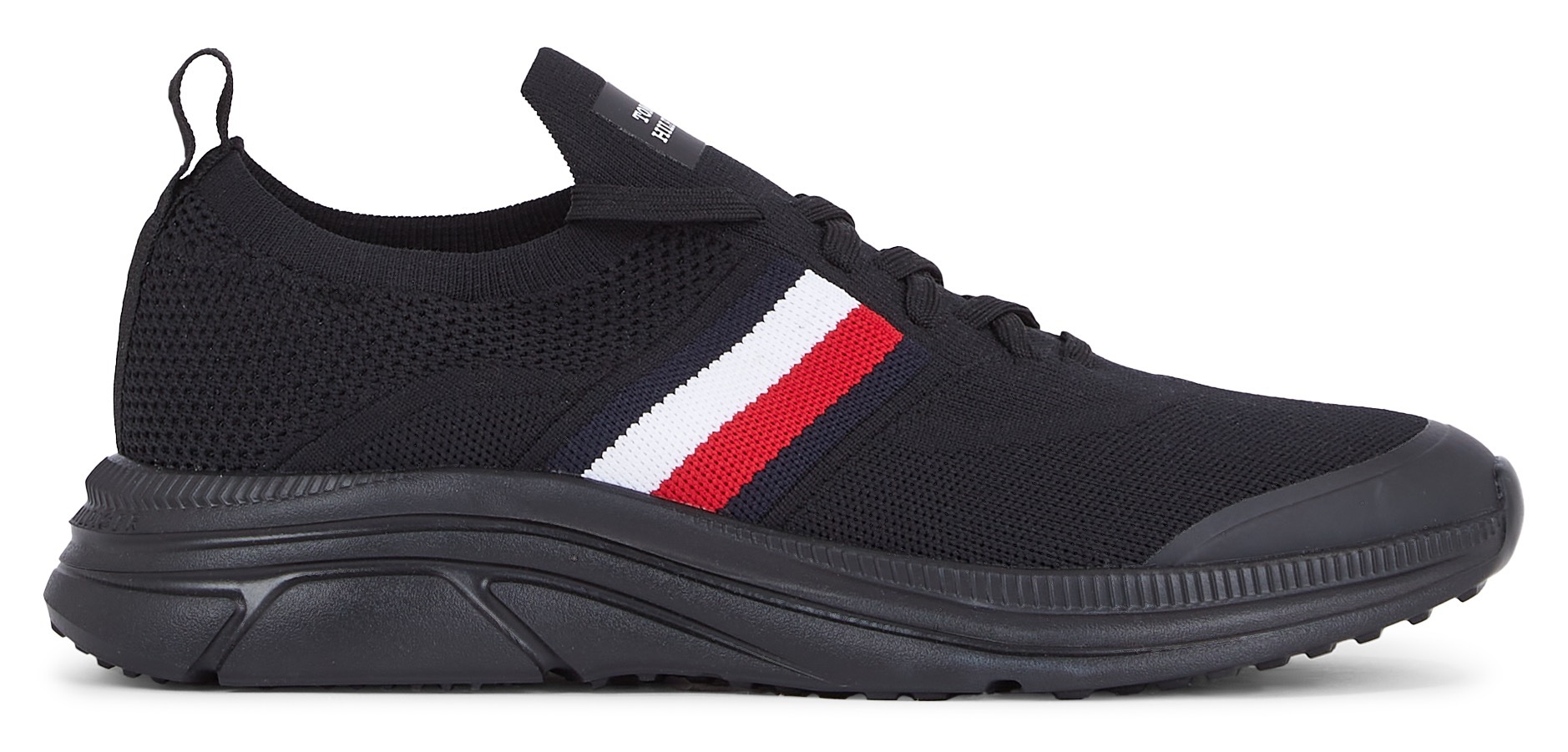 Tommy Hilfiger Slip-On Sneaker »MODERN RUNNER KNIT STRIPES ESS«, Schnürschuh, Freizeitschuh, Slipper mit seitlichen Streifen