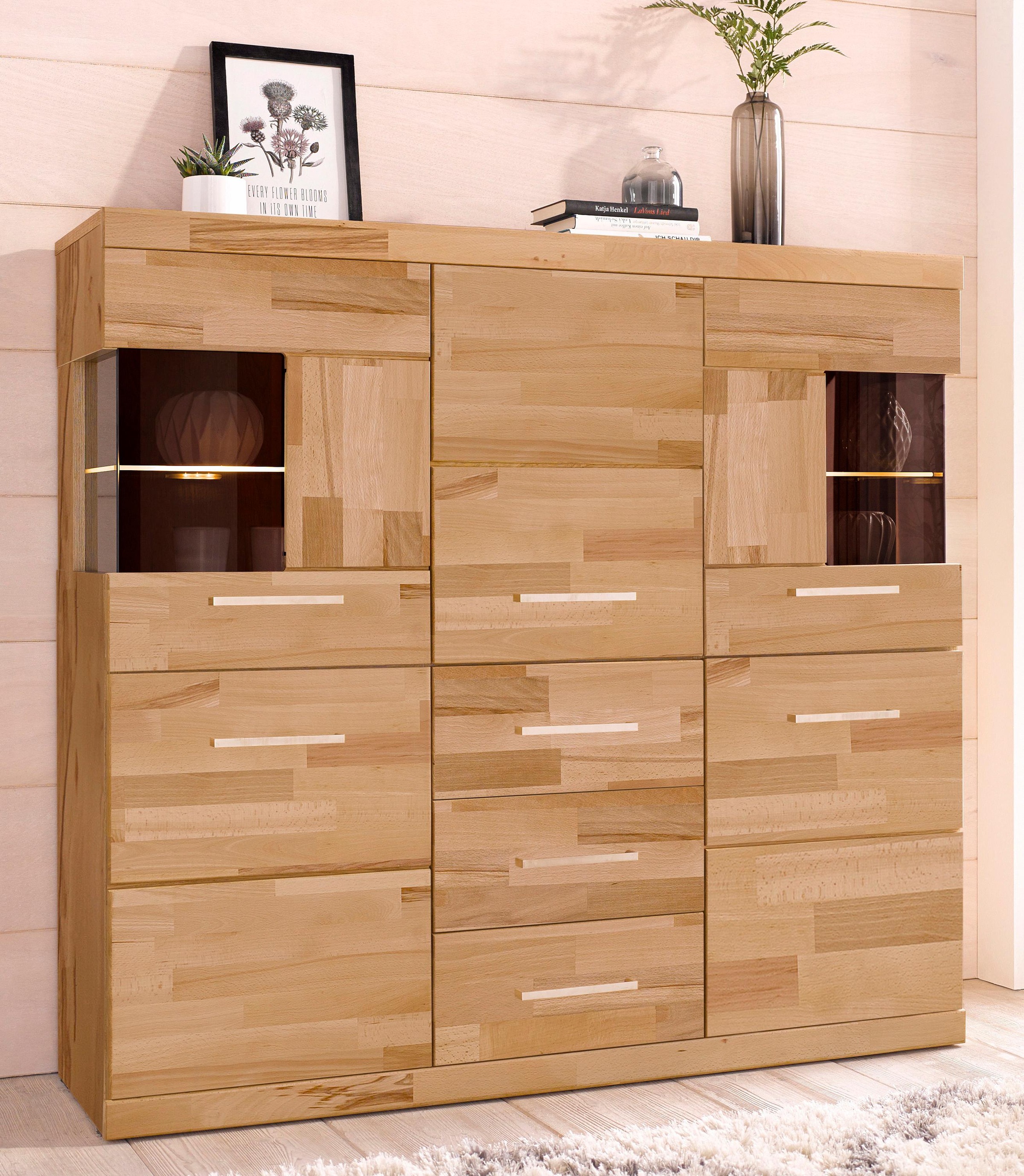 Image of GOODproduct Highboard "Ribe,125cm breit,115cm hoch, Fronten Massivholz,5Türen,3 Schubladen" Holz massiv, Holzwerkstoff, Metall Griffe,10Fächer, Böden versetzbar