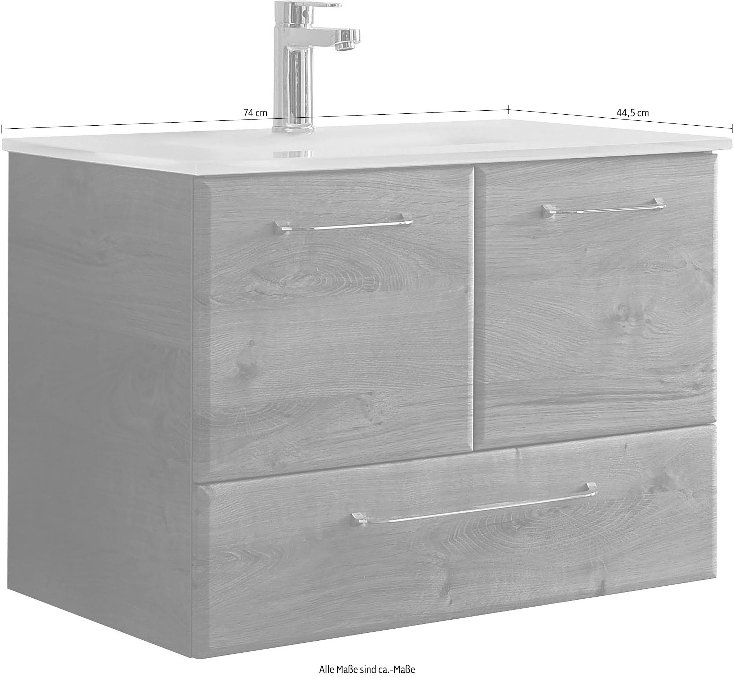 Saphir Waschtisch »Quickset Glaswaschtisch mit Unterschrank, 74 cm breit, Waschplatz« Griffe in Chrom Glanz, inkl. Türdämpfer, 2 Türen, 1 Schublade