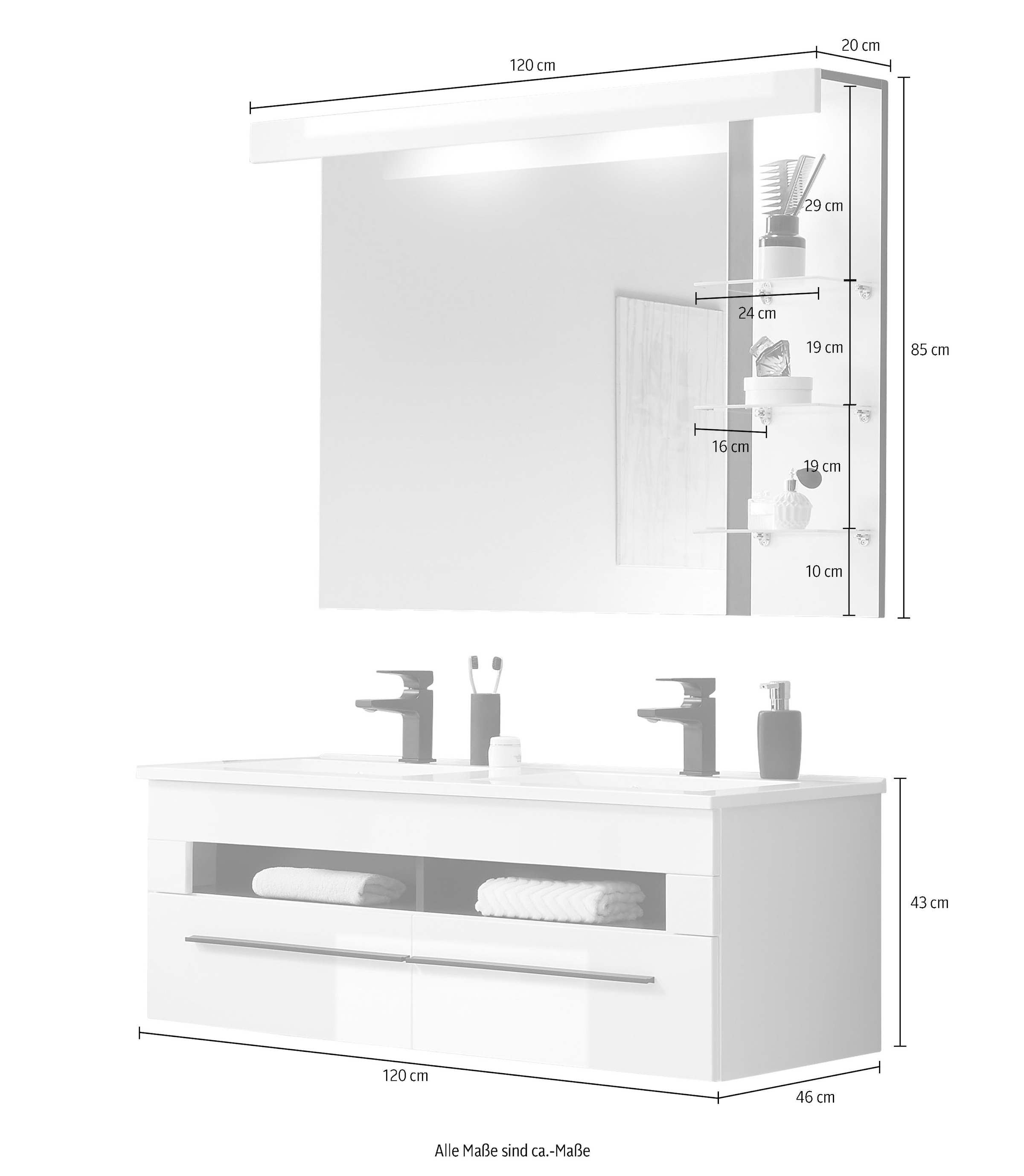 INOSIGN Badmöbel-Set »Cantara, Bad im modernen Design, 2-teiliges Badezimmer«, (Set, 2 St.), Waschtisch und Spiegel, in Weiss Hochglanz, viel Stauraum