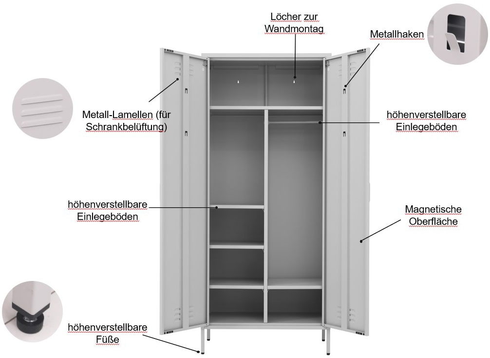GOODproduct Drehtürenschrank »Kleiderschrank Schrank Metallschrank Mehrzweckschrank Siena Spind« in 4 Farben aus Metall,  in der Höhe verstellbar