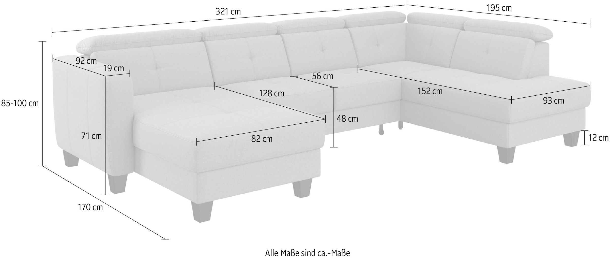 sit&more Wohnlandschaft »Belluci U-Form«, Kopfteilverstellung und Federkern, wahlweise mit Bettfunktion