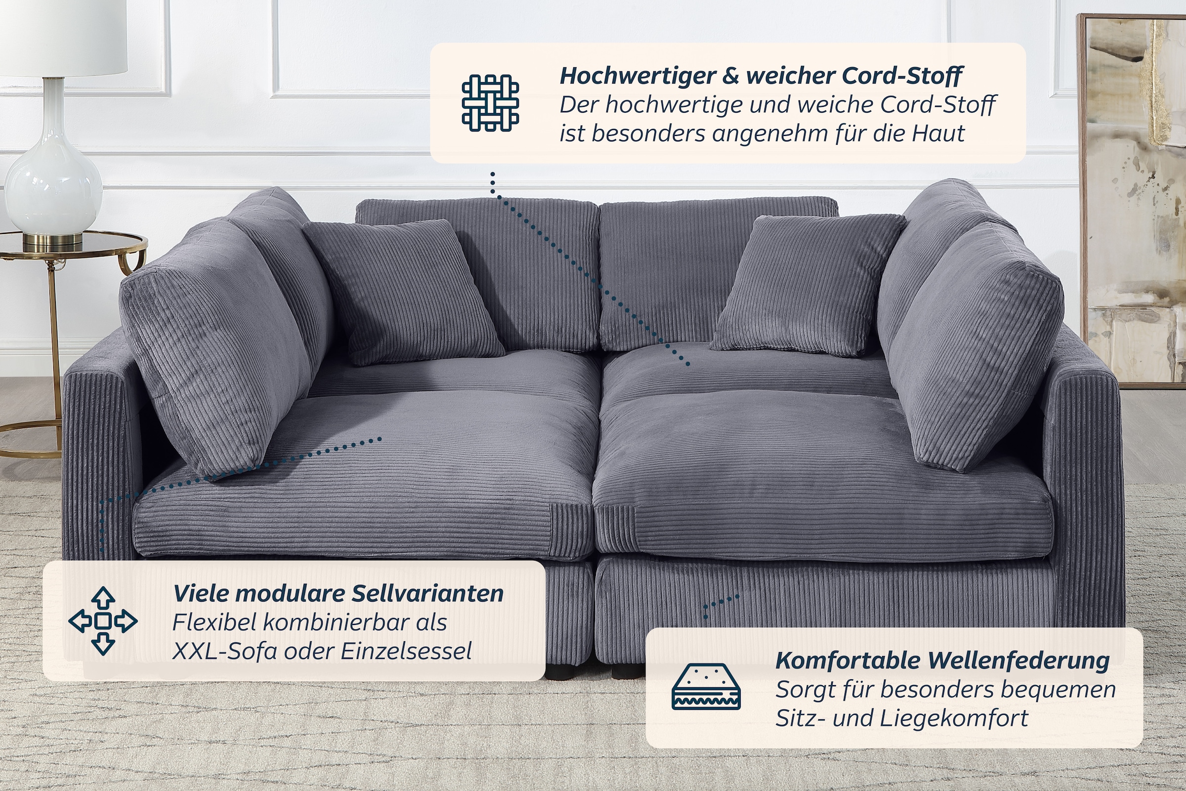 GOODproduct 4 places »Berny, individuell stellbar, modular-Sofa« comprend 2 grands et 2 petits coussins décoratifs en velours côtelé doux