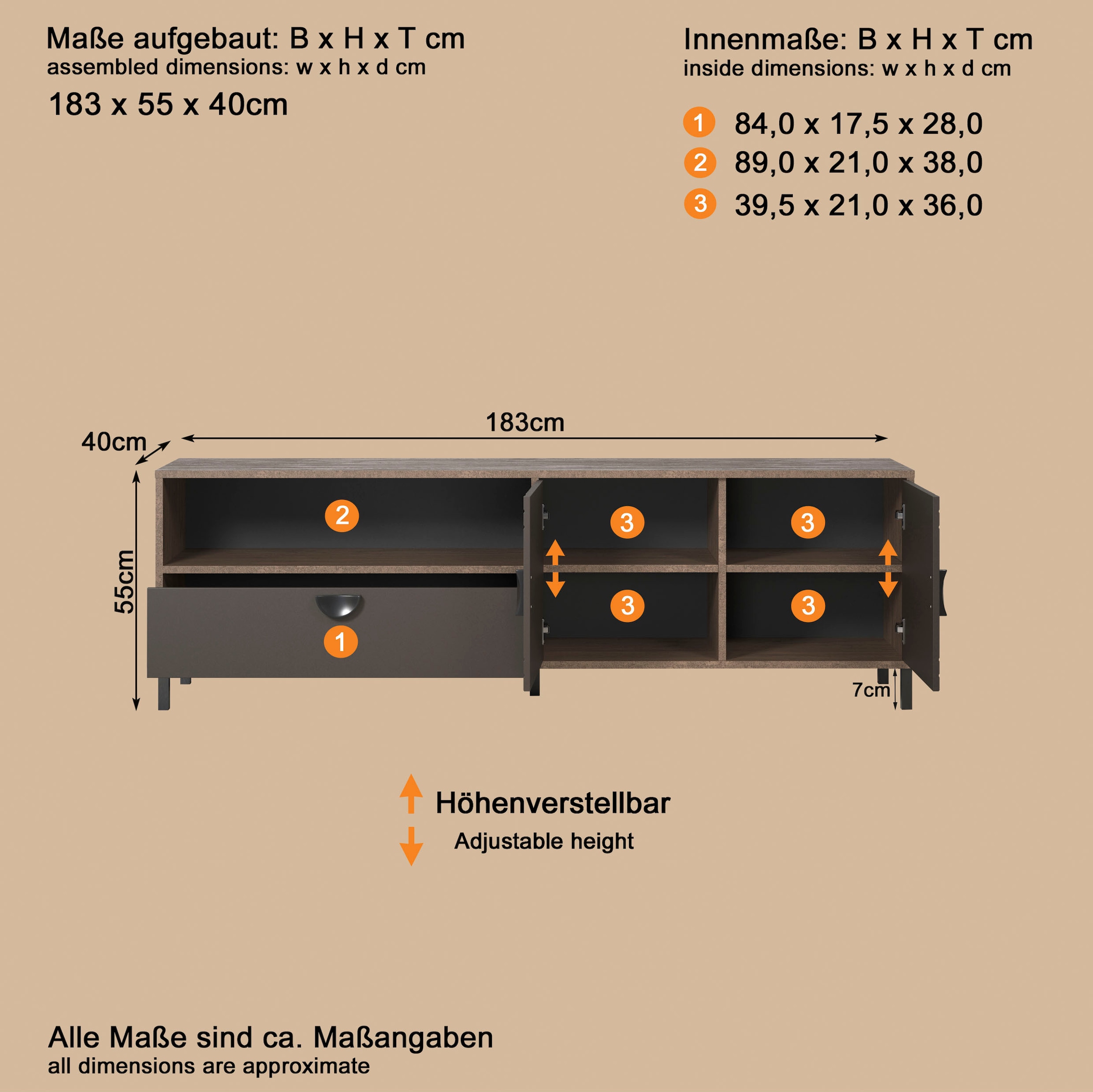 INOSIGN Lowboard »Fusion« 1 Stk. tlg. TV-Lowboard mit Soft-Close-Türen & Schubkasten – (B/T/H) 183/40/55 cm