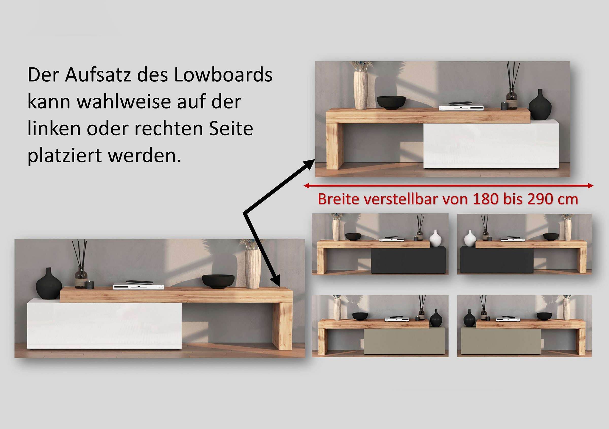INOSIGN Lowboard »Chronos TV-Board, T-Schrank« Breite verstellbar von 180 bis 290 cm, 1 Stk. tlg. Breite 240 cm TV-Board,Lowboard,1 Klappe und ein L-Förmiger Aufsatz