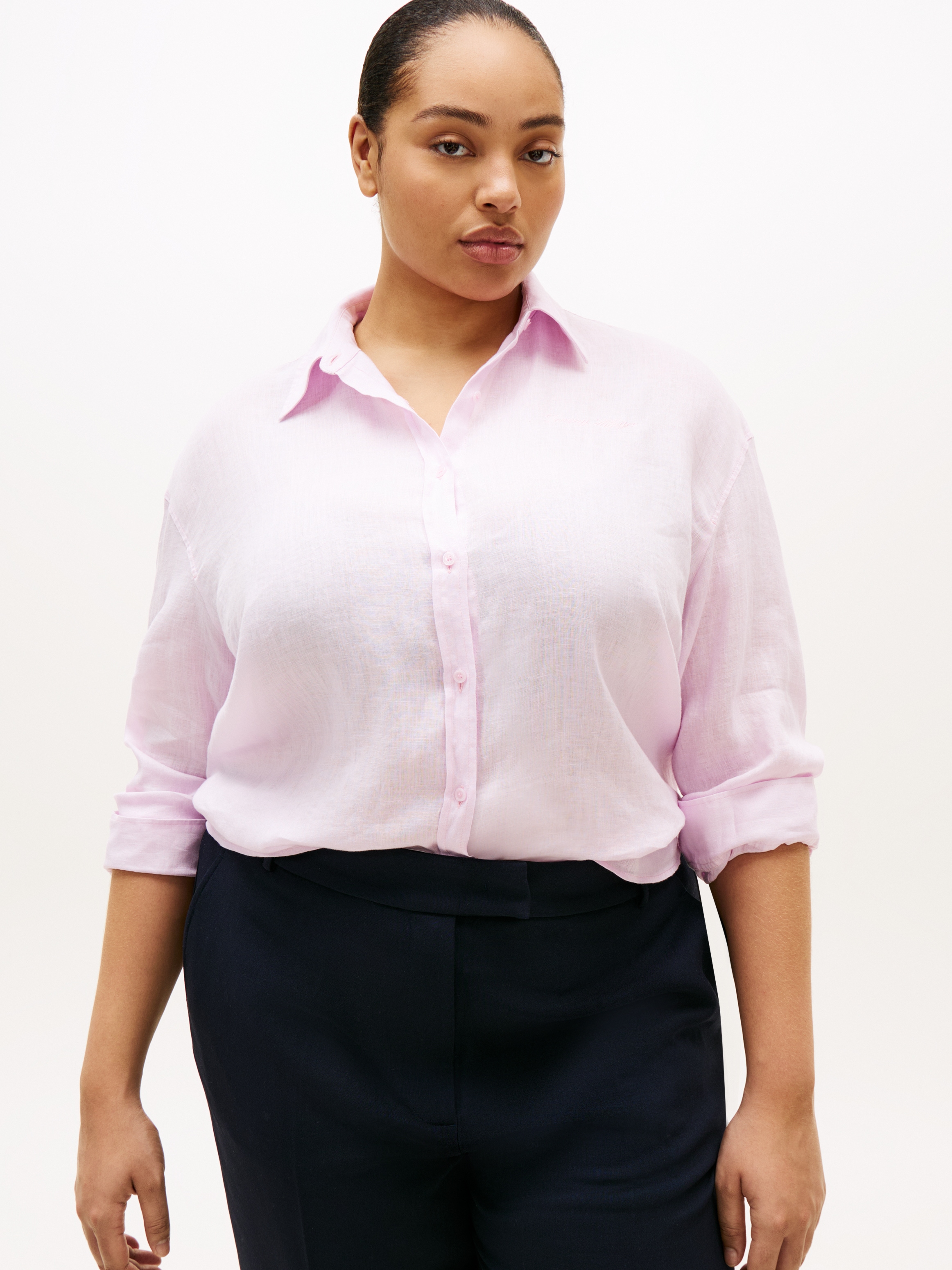 Image of Tommy Hilfiger Curve Langarmbluse "CRV ESS LINEN ROUND HEM SHIRT" in grossen Grössen, oversize