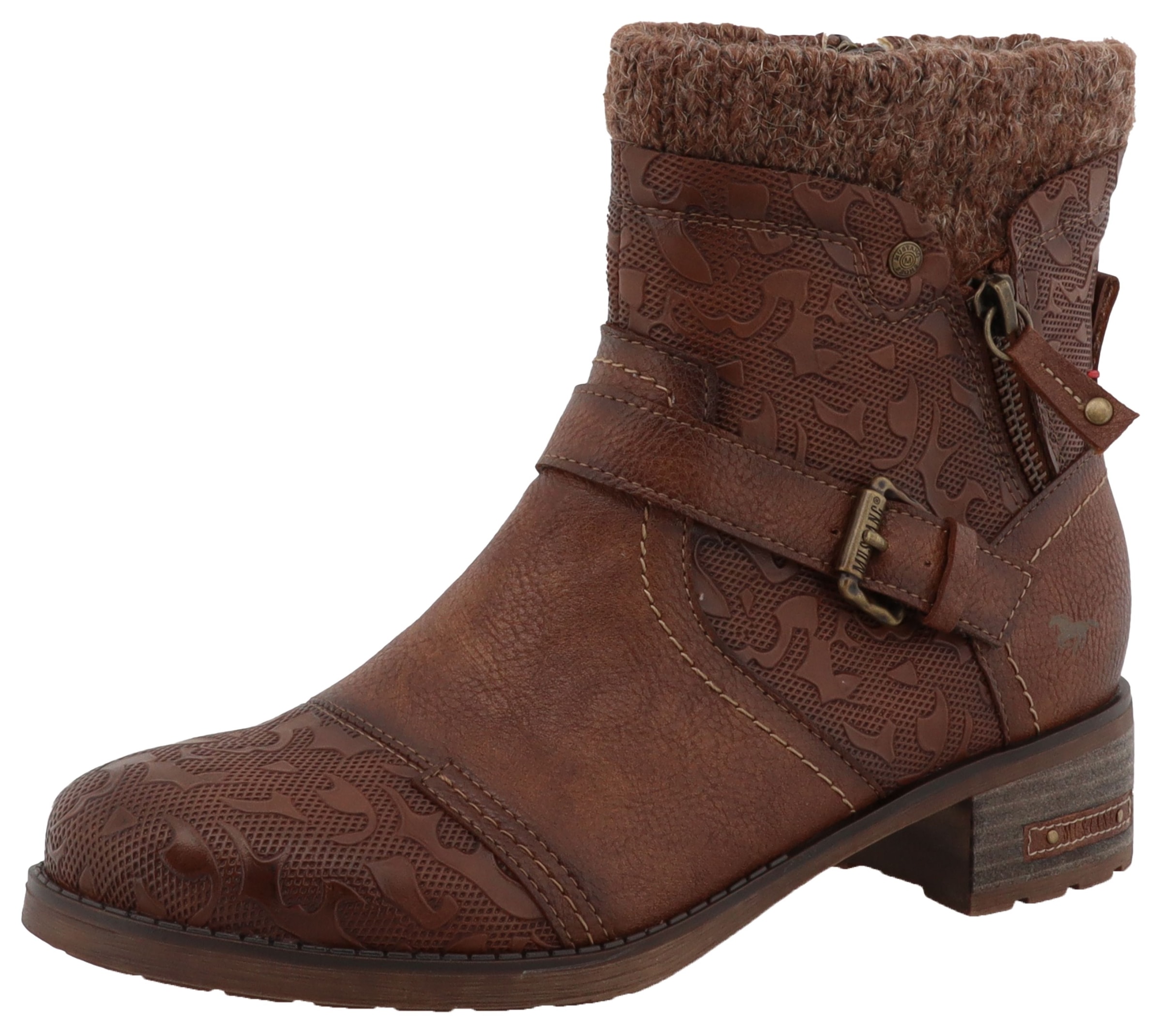 Image of Mustang Shoes Winterstiefelette "Fabienne" Biker Boots mit Blockabsatz und Zierriemchen