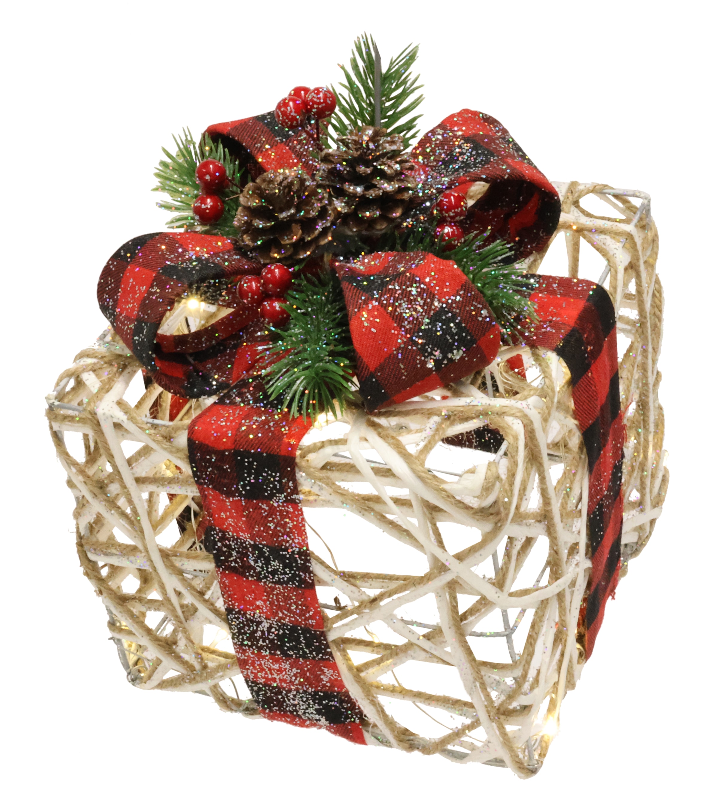 I.GE.A. Dekofigur »Weihnachtsfigur Leuchtfigur LED-Geschenk mit Schleife« Geschenkpaket Schleife Tanne Beeren Zapfen Weihnachtsdeko beleuchtet