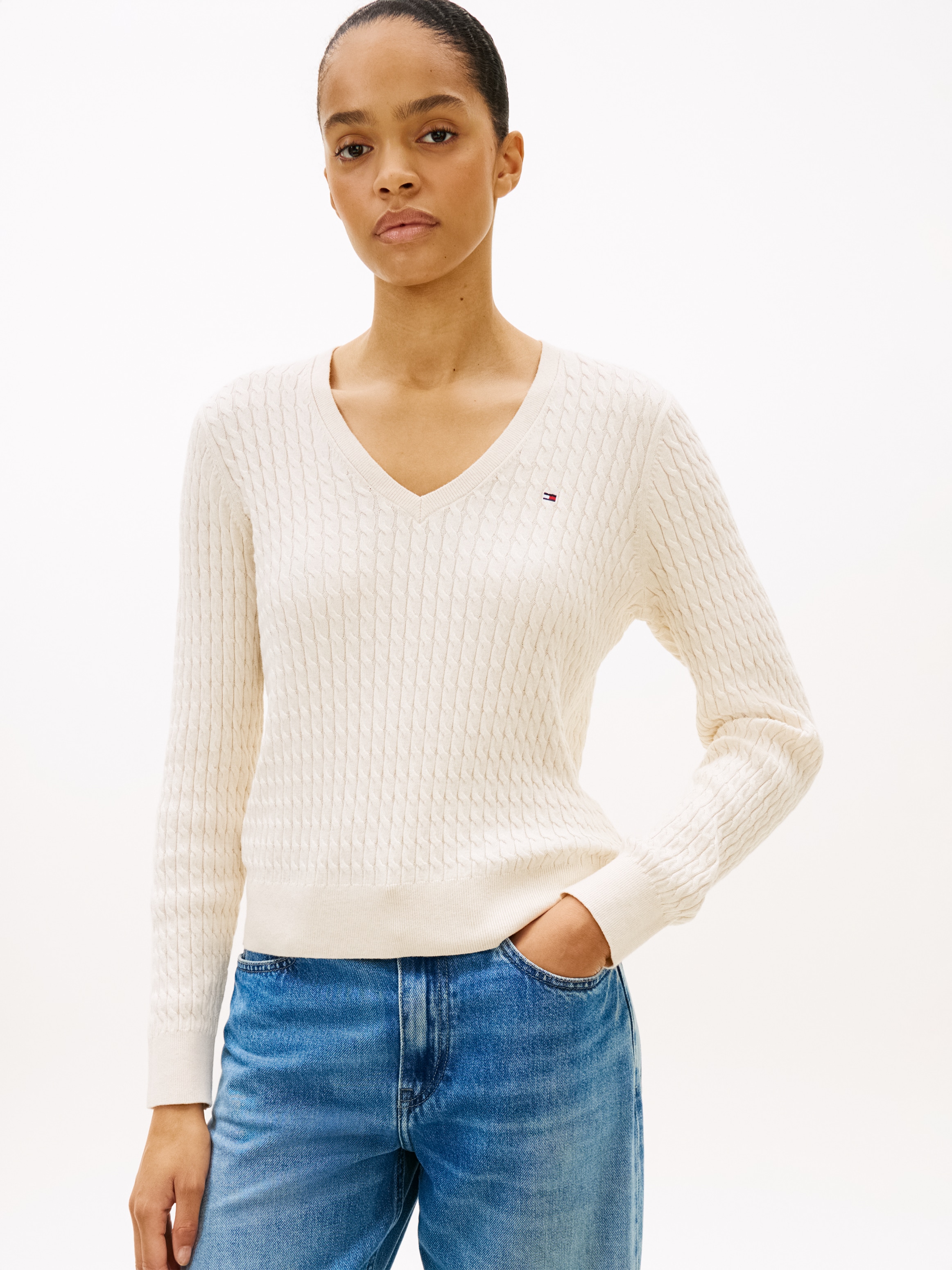 Tommy Hilfiger Pull col V »CO CABLE V-NK LS SWT« mit Zopfmuster, Logostickerei