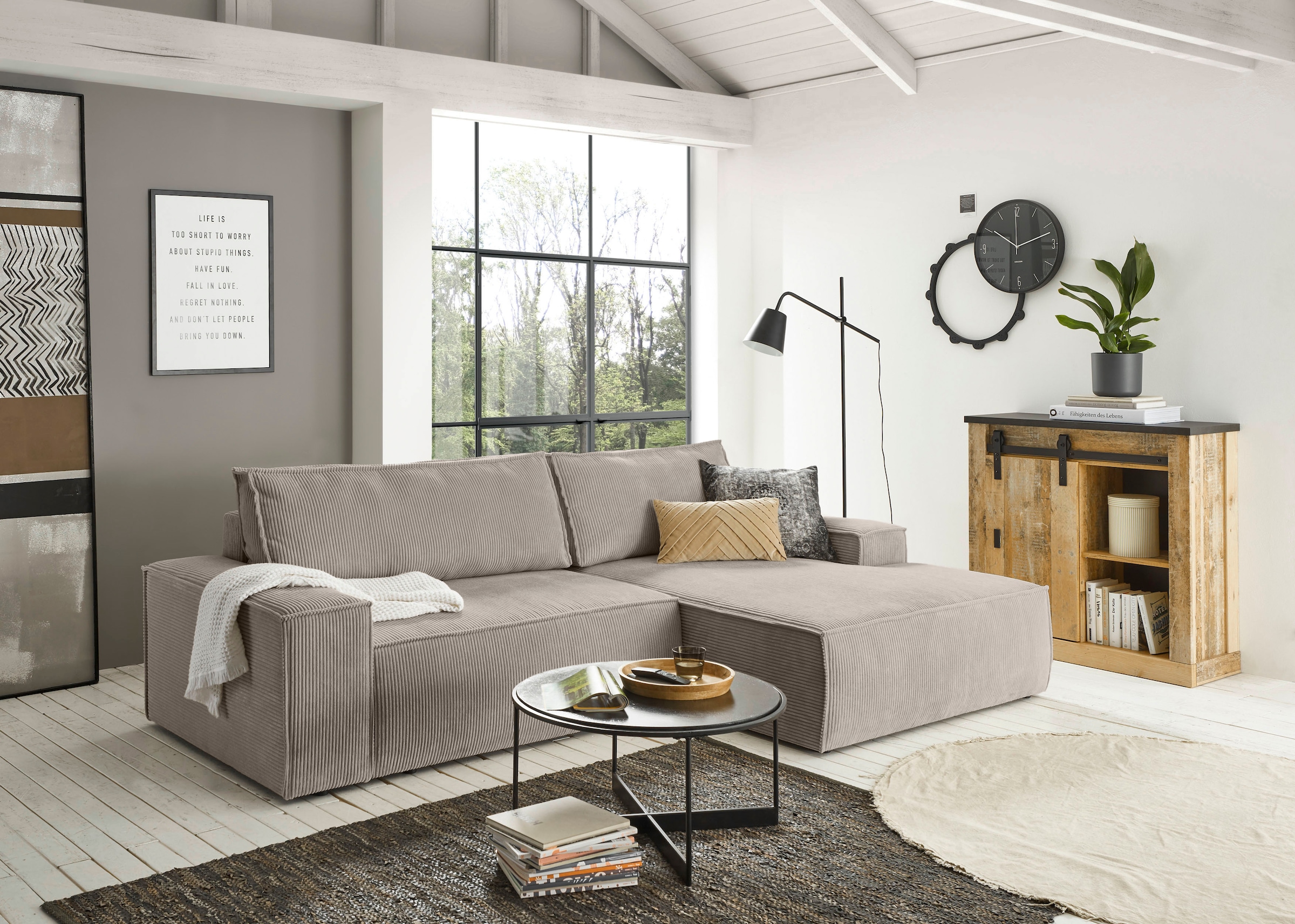 Home affaire Canapé d'angle »SHERWOOD Schlafsofa 267 cm, L-Form,« Schlaffunktion mit Bettkasten (210x136 cm), Cord, Vintage, Samtvelours