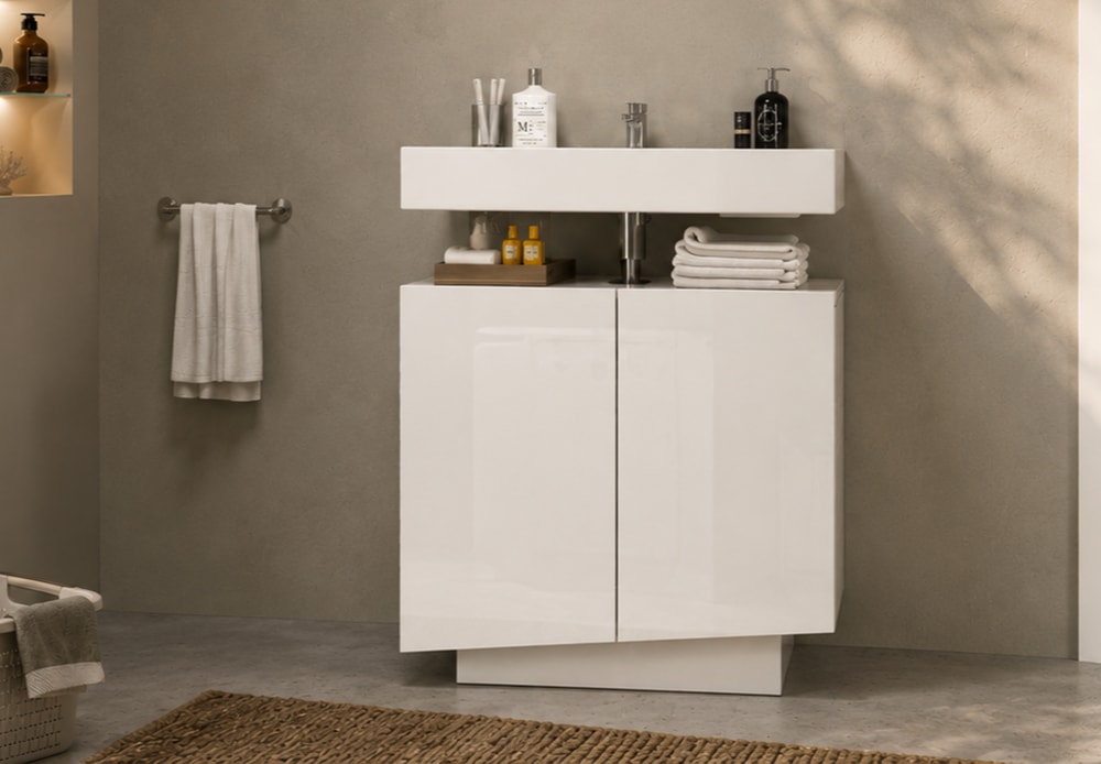 welltime Armoire sous lavabo »Vela,Breite 60cm, 2 Türen, 2 Fächer, mit Siphonausschnitt, lackiert« 1 cuis tlg. meuble sous-lavabo, plan vasque, design avec portes inclinées