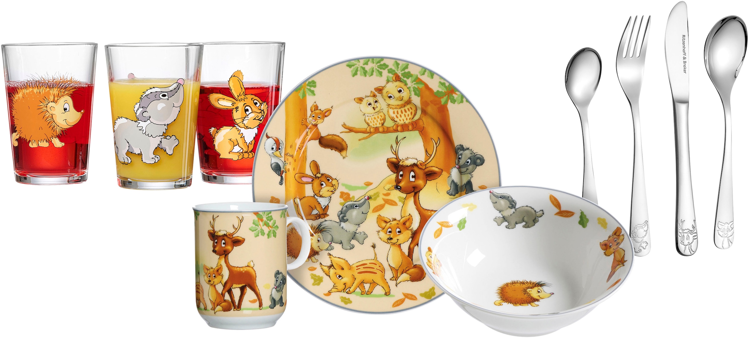Image of Ritzenhoff & Breker Kindergeschirr-Set "Waldtiere" mit Besteck und Trinkgläsern