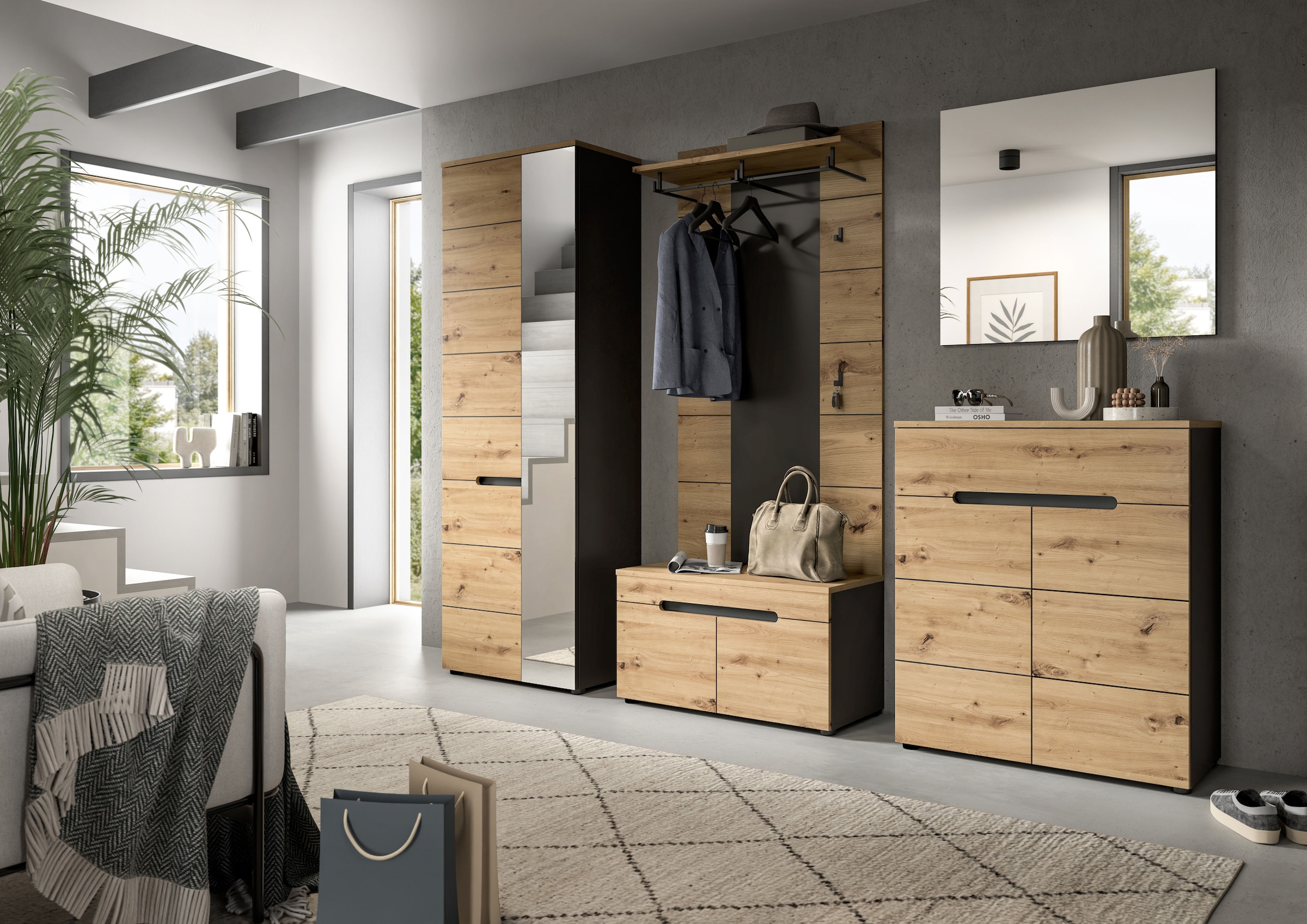Home affaire Garderoben-Set »REHAT, TOPSELLER!, 5-teilig, Breite 255cm, individuell erweiterbar« Set, bestehend aus: Garderobenschrank, Sitzbank, Paneel, Spiegel, Kommode, 5 Stk. tlg.