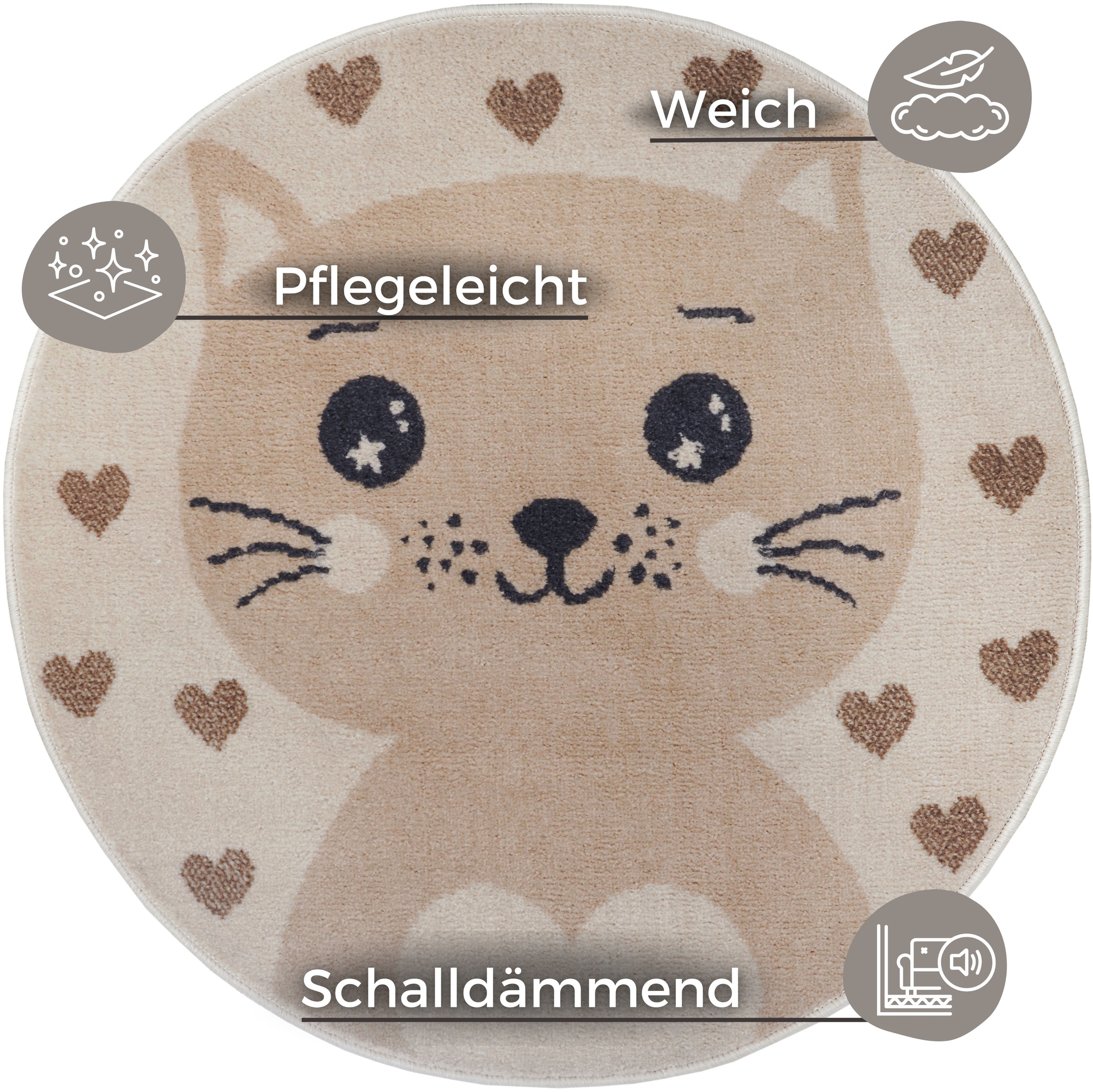 THE RUGS Adventures Cat Rug & Runner Kids Polypropylene Short Pile Rug in Brown | Size: 100cm diameter