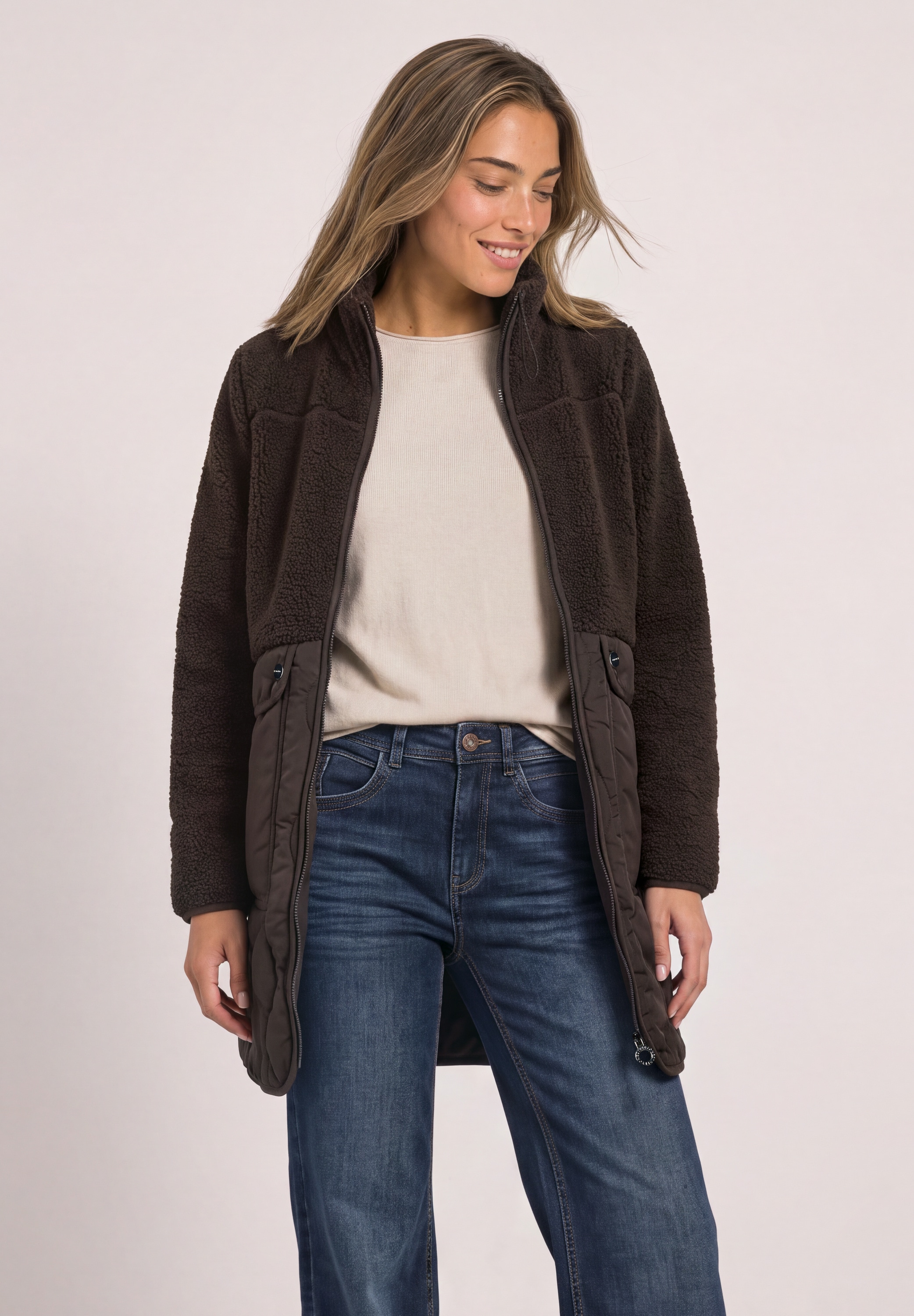 Image of STREET ONE Langjacke ohne Kapuze Teddy-Mantel mit Strukturmix und Stehkragen