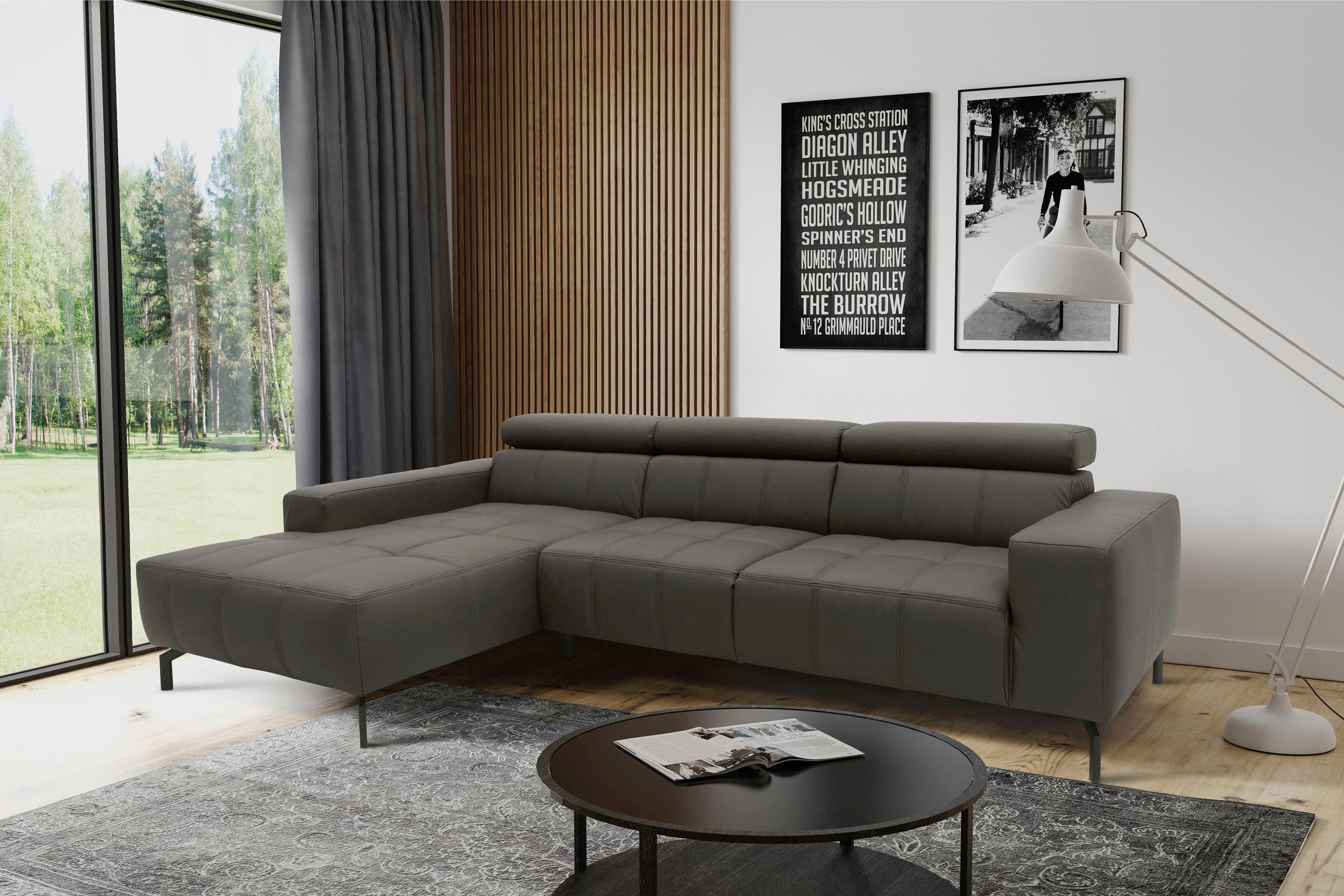 DOMO collection Canapé d'angle »Cunelli tolle Sitznähte als Designelement, fester Sitzkomfort, L-Form« whlw. verstellbare Kopfteile, passend für gängige Saugroboter