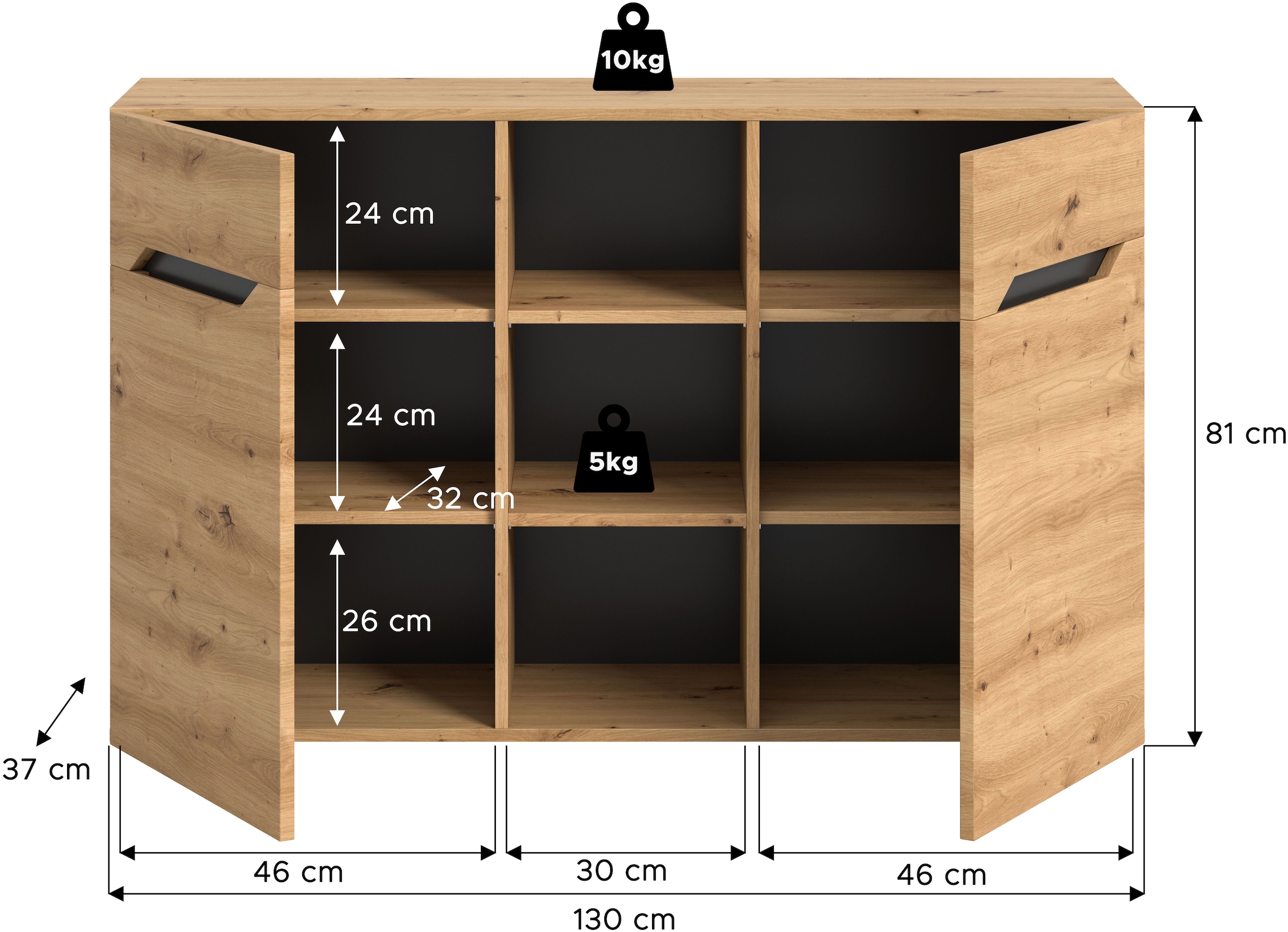 INOSIGN Sideboard »SERTA, Breite: 130cm, 2 Türen, 3 offene Fächer, viel Stauraum« Anrichte, Kommode, Schrank, Board, Higboard