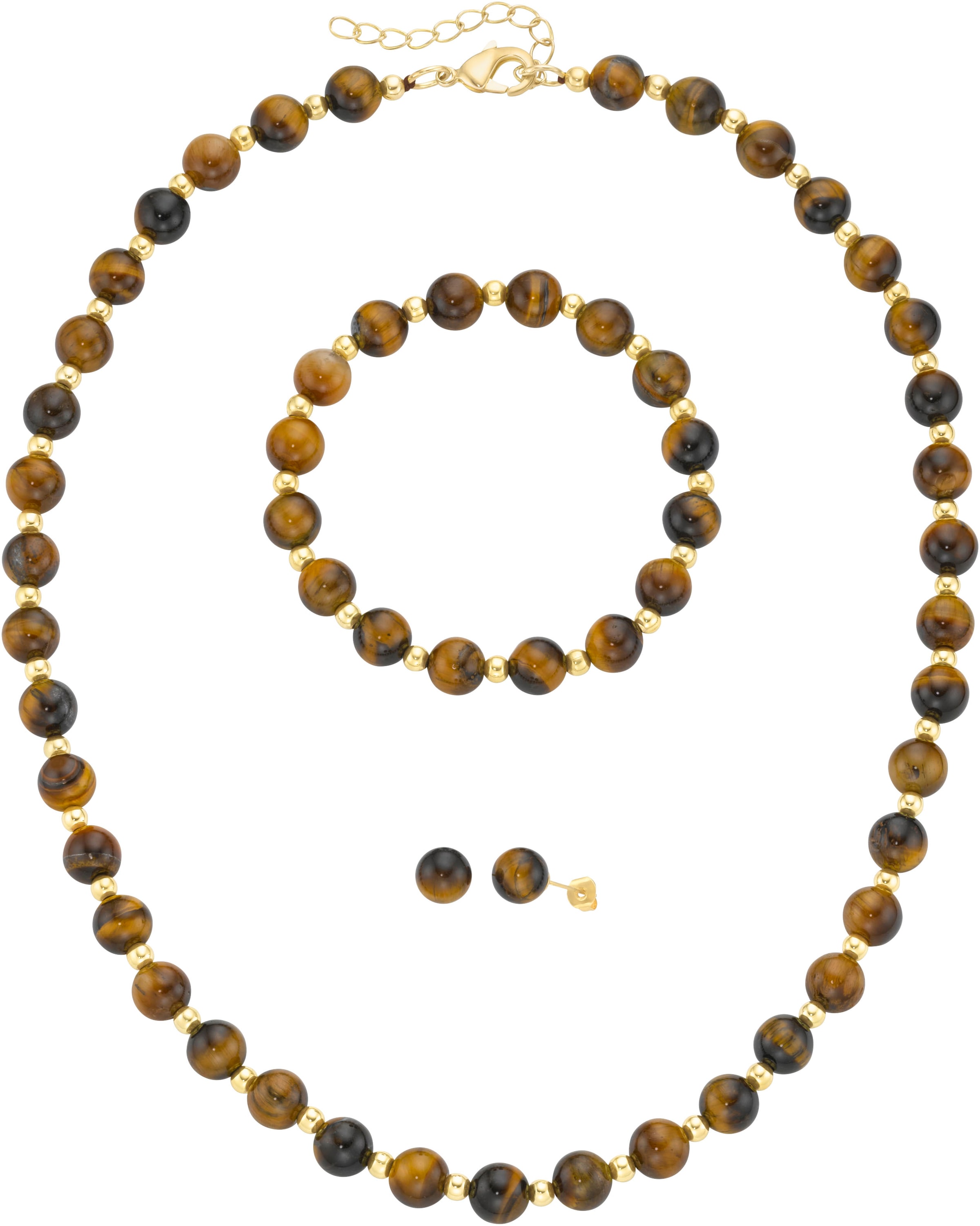 Image of Firetti Schmuckset "Multipack Schmuck Geschenk Ohrstecker Armkette Halskette Kügelchen" (Set, 4 Stk. tlg.) mit Tigerauge