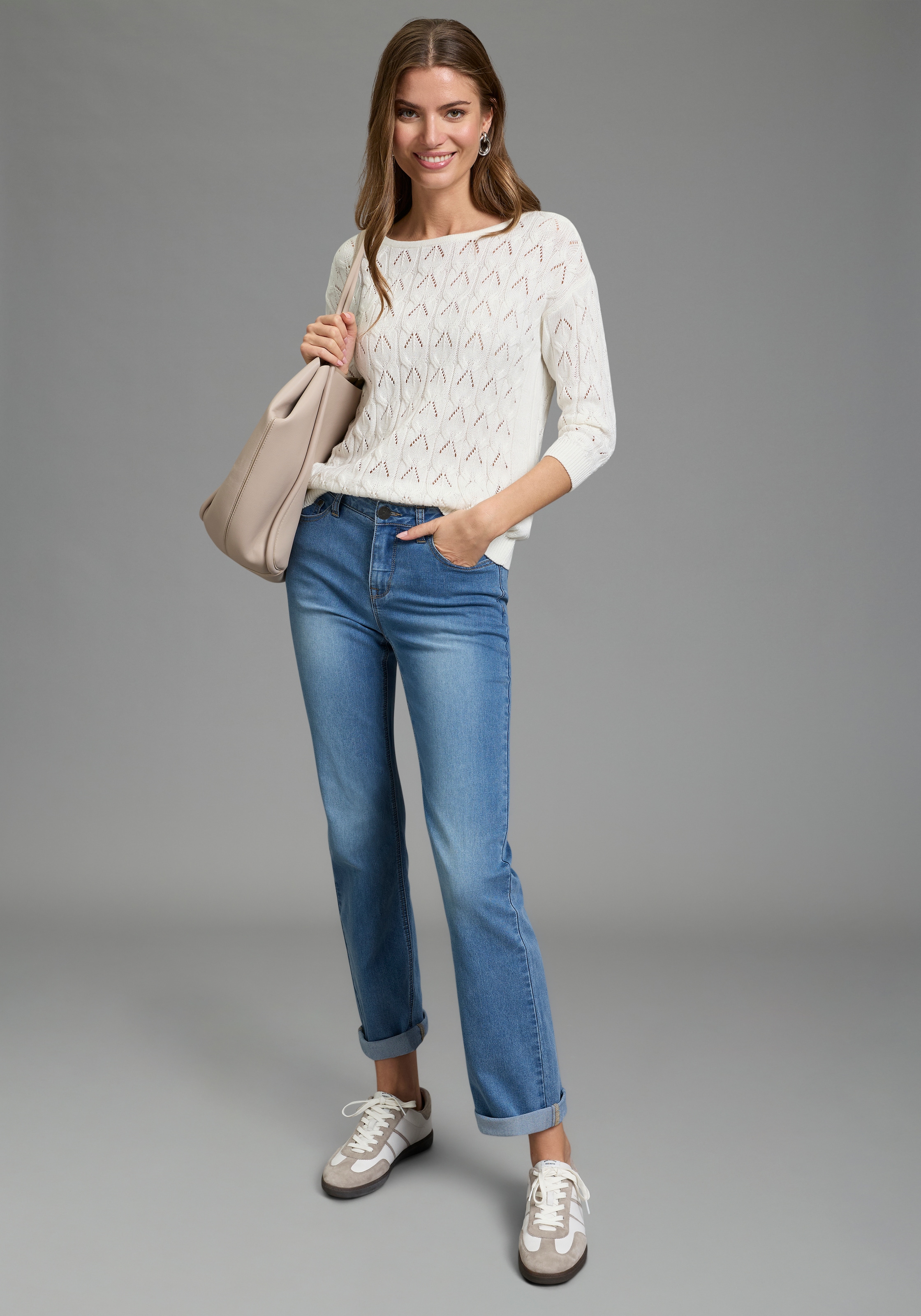 Laura Scott Pull ajouré mit femininen Lochmuster, 3/4 Ärmeln und U-Boot Ausschnitt