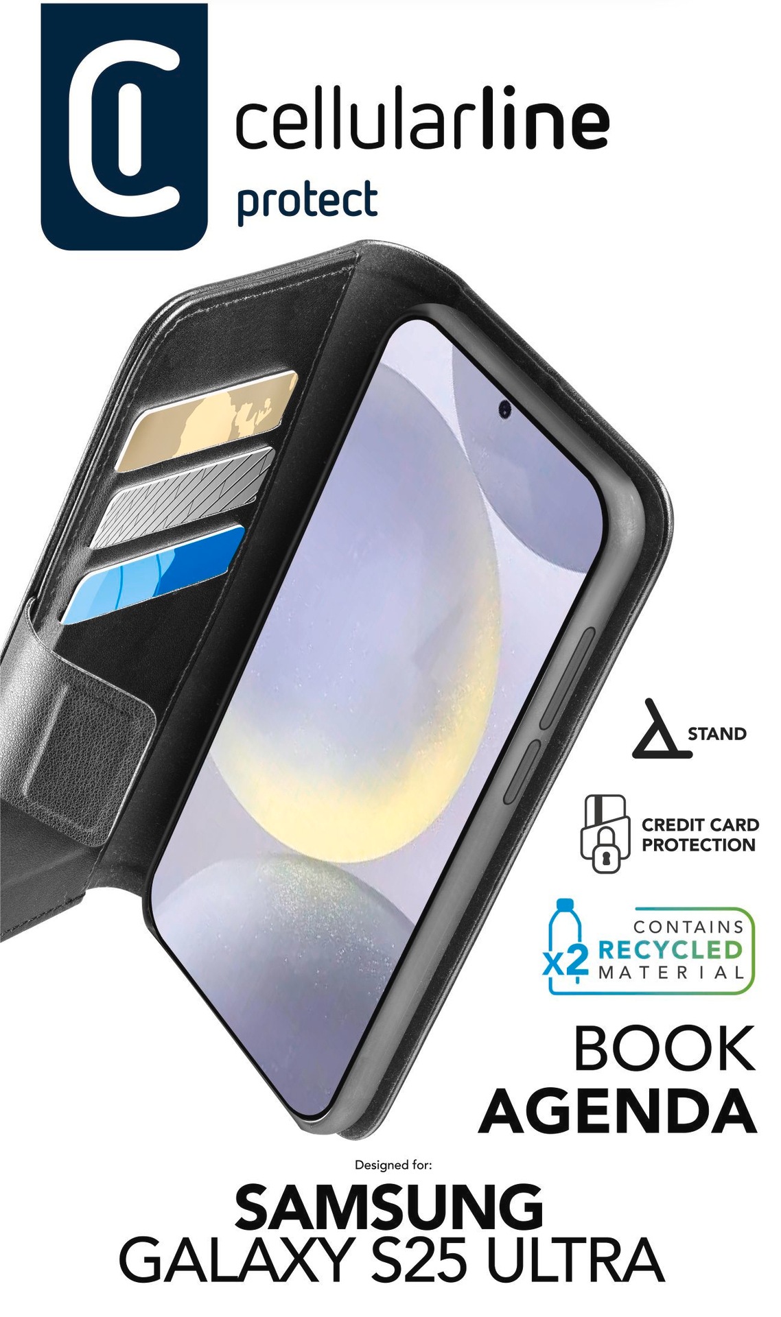 Cellularline Handyhülle »Book Agenda 2 Case für Samsung Galaxy S25 Ultra« Backcover, Schutzhülle, Handyschutzhülle, Case, Schutzcase, stossfest