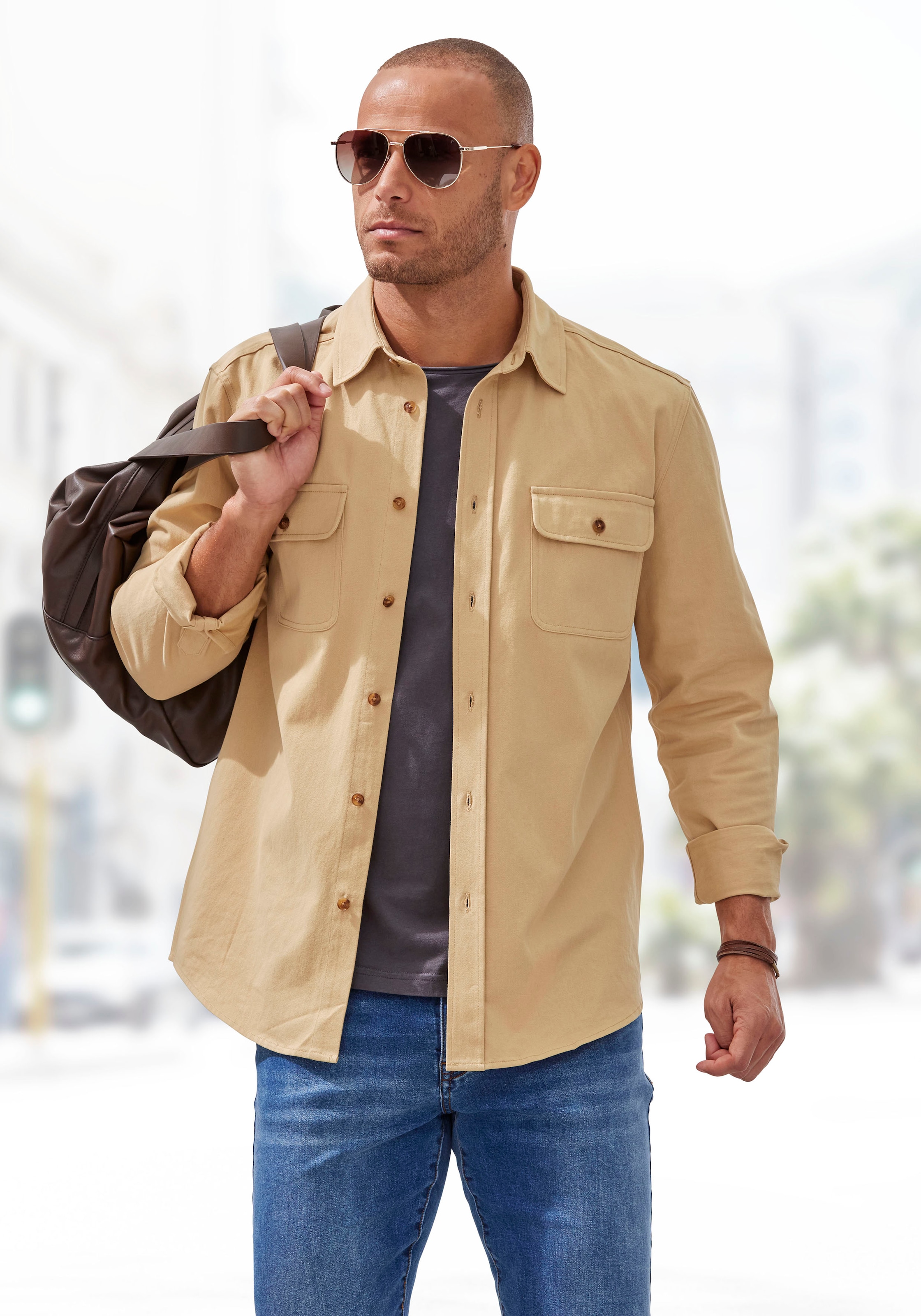 John Devin Langarmhemd »mit Brusttaschen,«, Overshirt, Regular Fit, Outdoorhemd aus reiner Baumwolle
