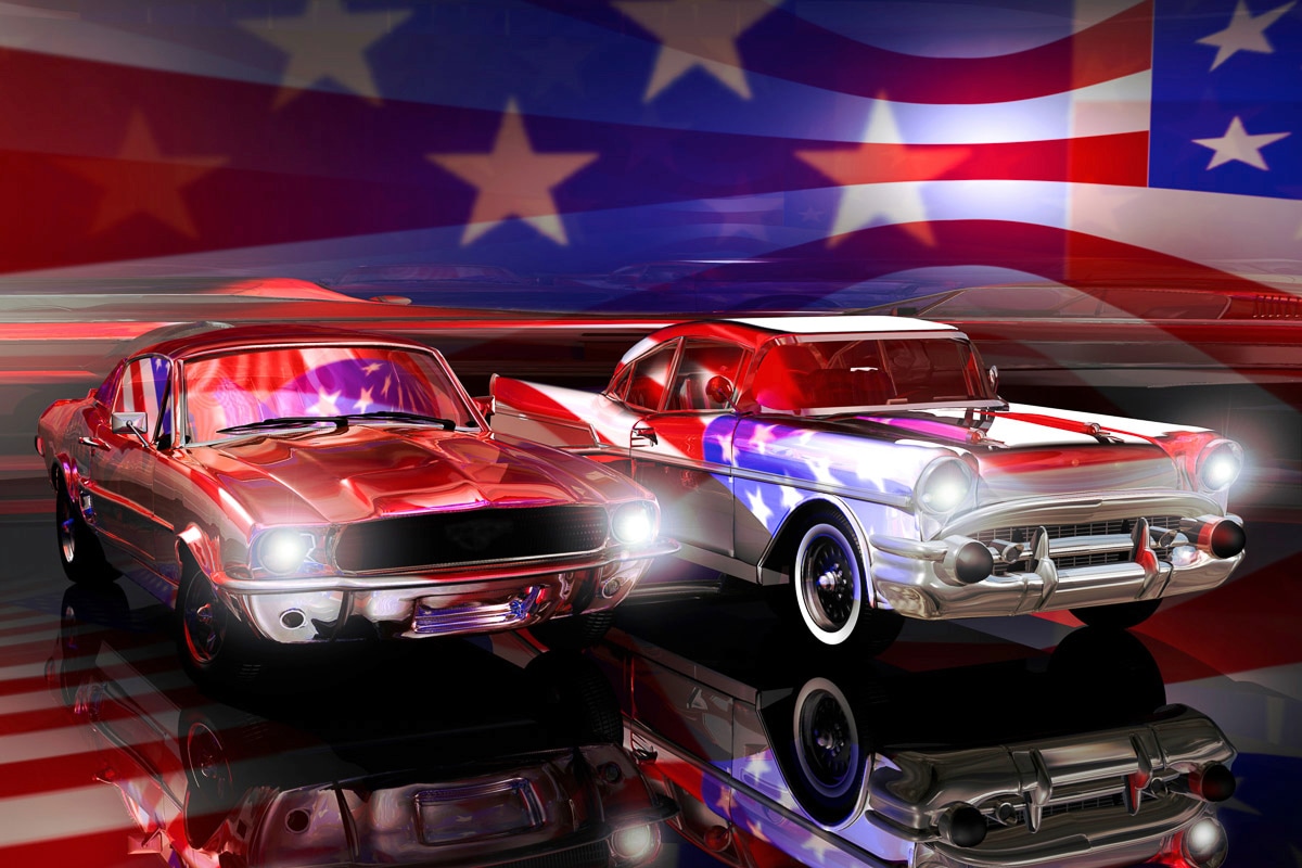 Image of Papermoon Fototapete "Amerikanische Autos, Flagge"