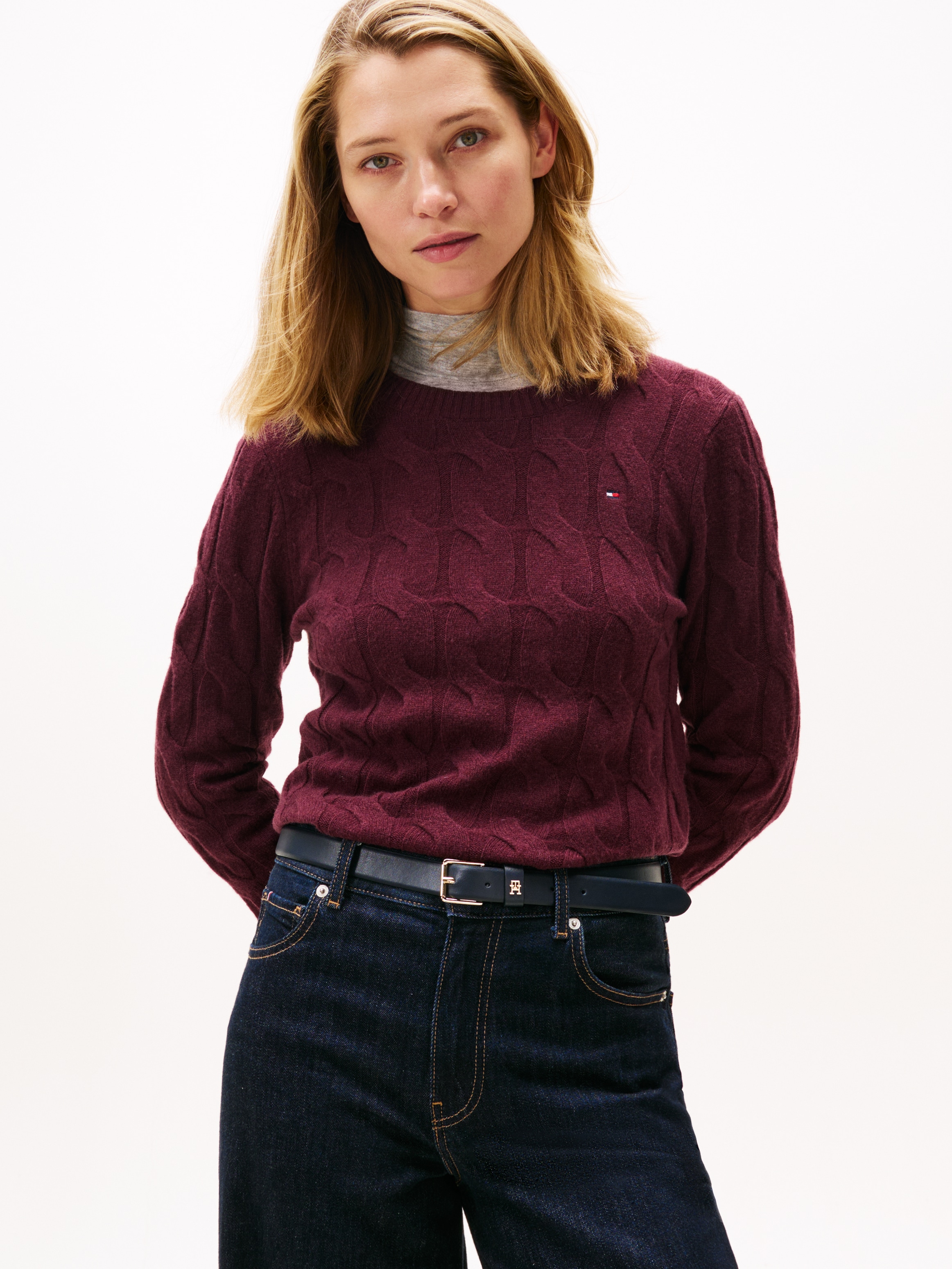 Tommy Hilfiger Strickpullover »SOFT WOOL CABLE C-NK« Wolle, mit Zopfmuster