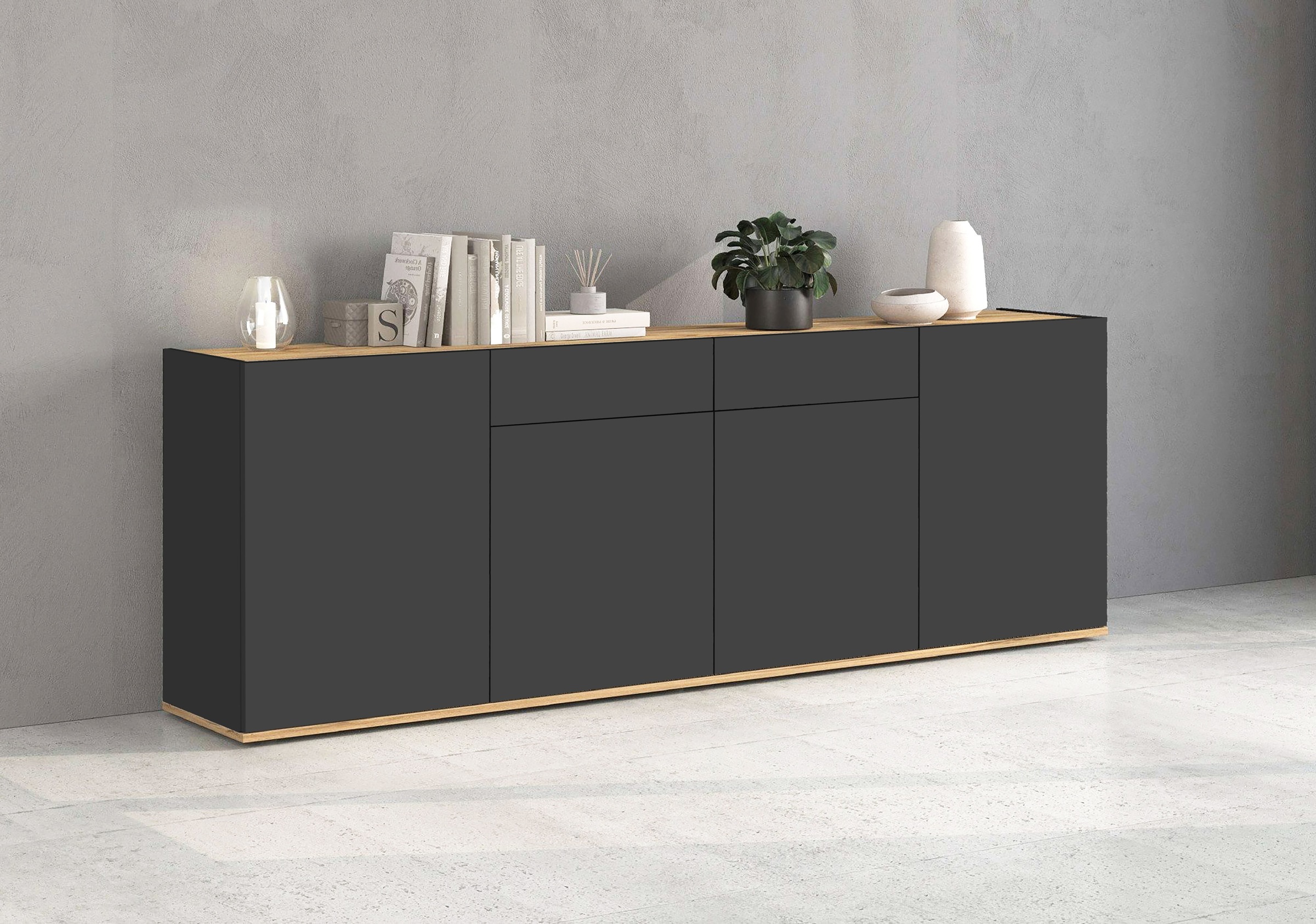 Image of GOODproduct Sideboard "GARDA, Kommode, Schrank, untere Türen mit Push-to-Open, Made in Italy" 1 Stk. tlg. 4 Türen, 2 Schubladen, grifflos Breite 200 cm, anthrazit/eiche matt