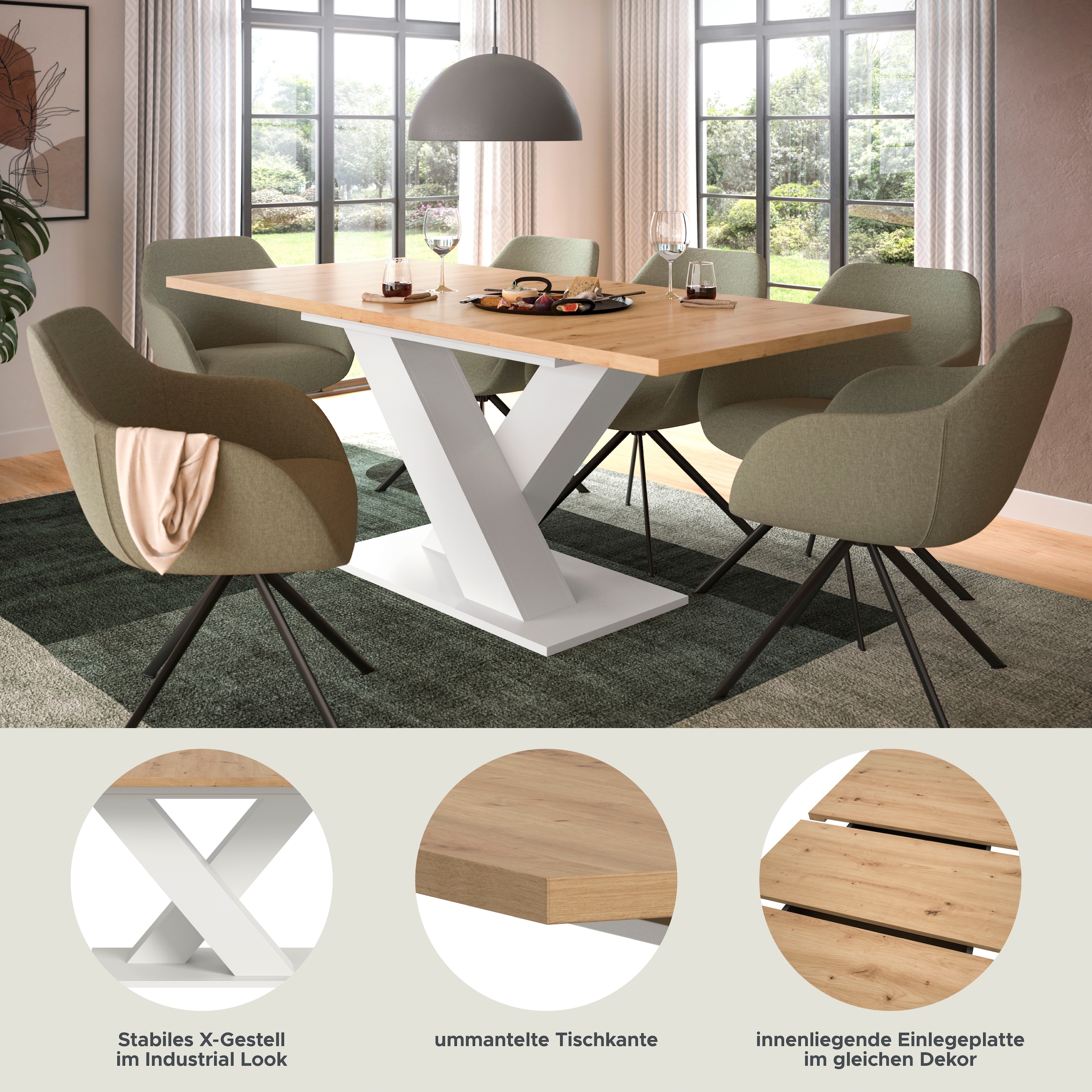 INOSIGN Table de salle à manger »Motus, ausziehbar 150 -190 cm, inklusive 40 cm Einlegeplatte« Set, 1 cuis tlg. X-Gestell mit Bodenplatte, Tisch, Küchentisch, Esszimmer, Küche