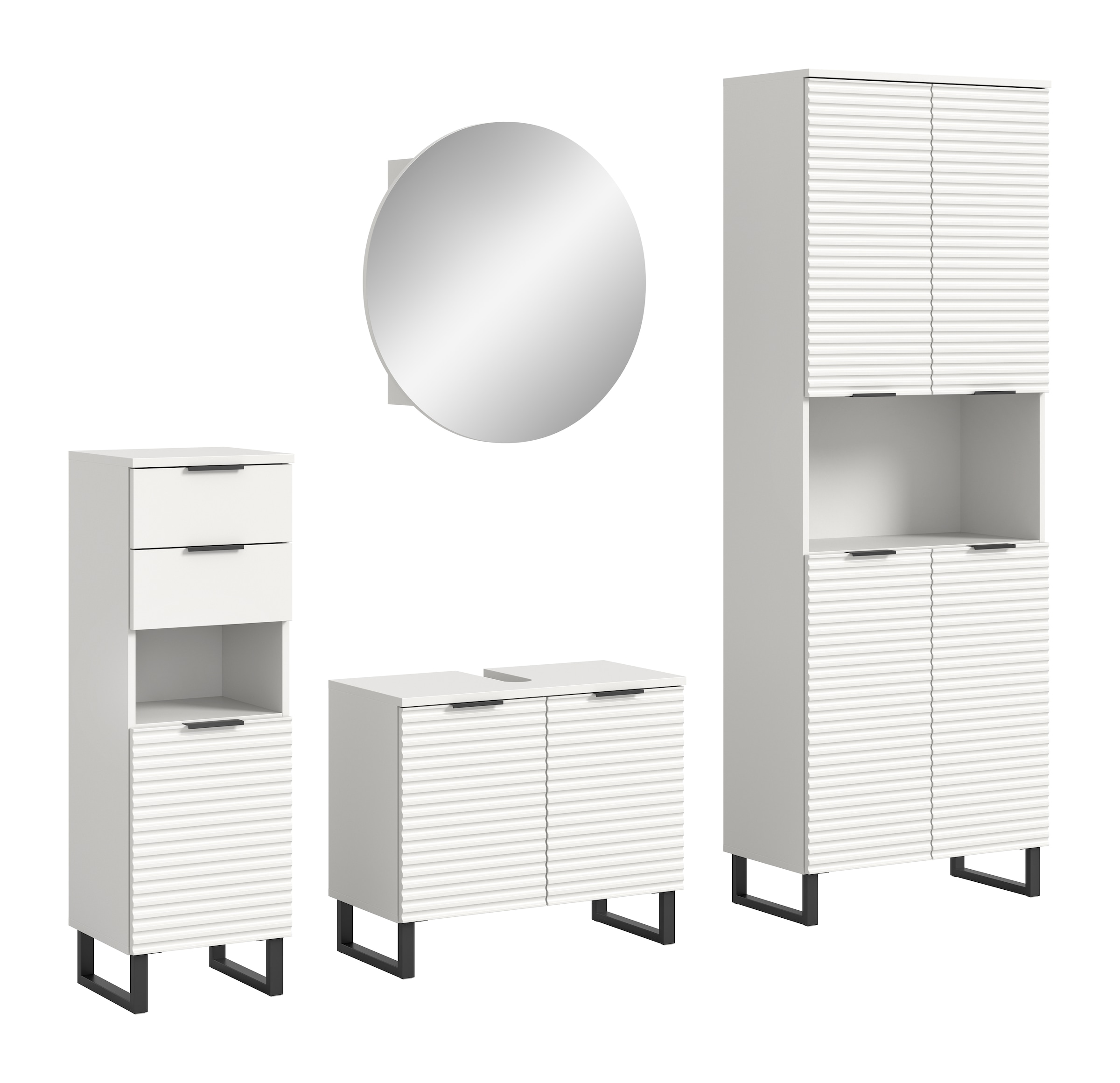 welltime Badmöbel-Set »Litica, Breite 205 cm, hochwertige Rillenfräsung, Metallkufen«, (4 St.), Unterschrank, Waschbeckenunterschrank, Spiegelschrank, Hochschrank