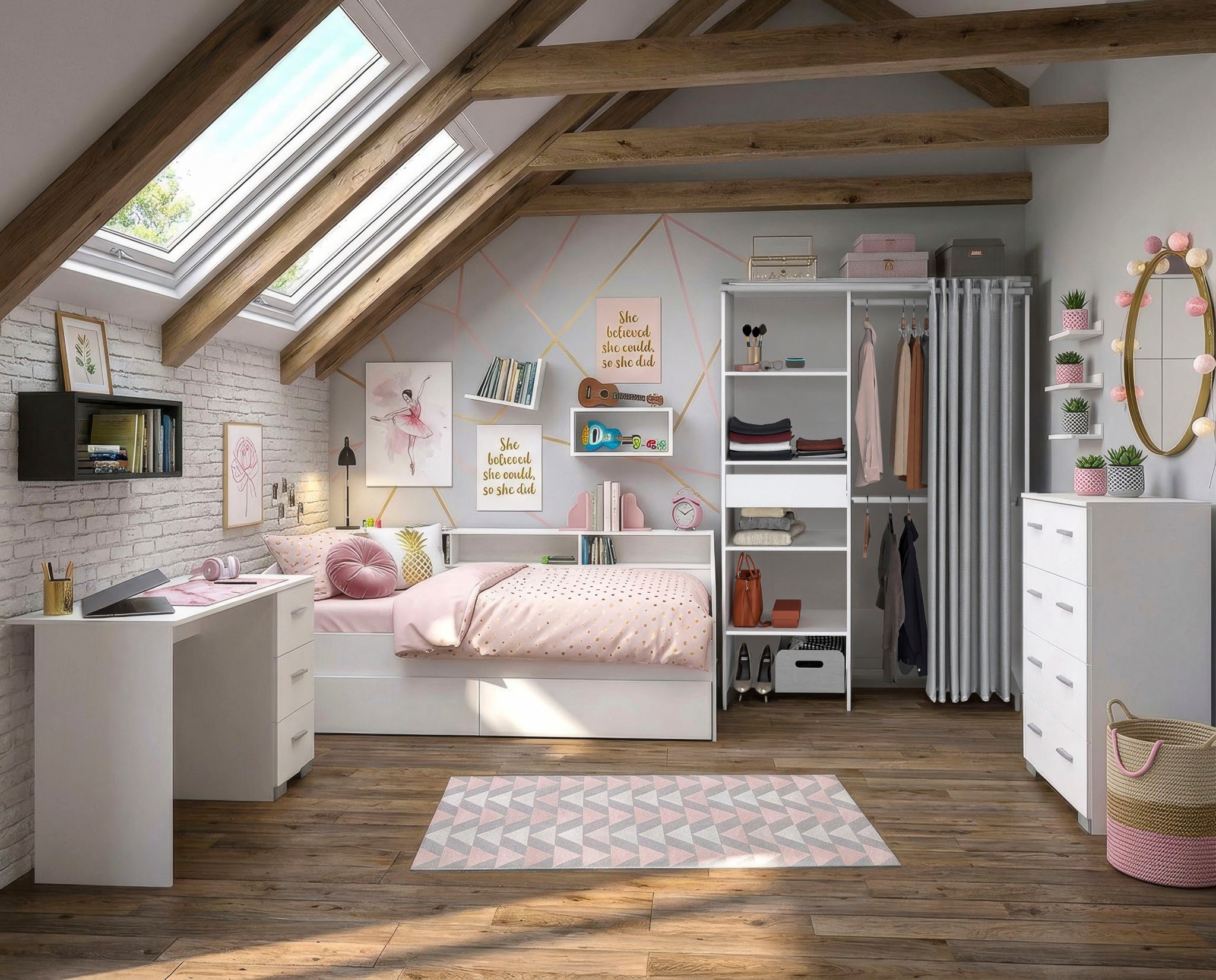 Parisot Jugendzimmer-Set »Parisot Sleep 13« Set, 5 tlg. Rückwand am Stauraumett drehbar - Weiss oder Eiche