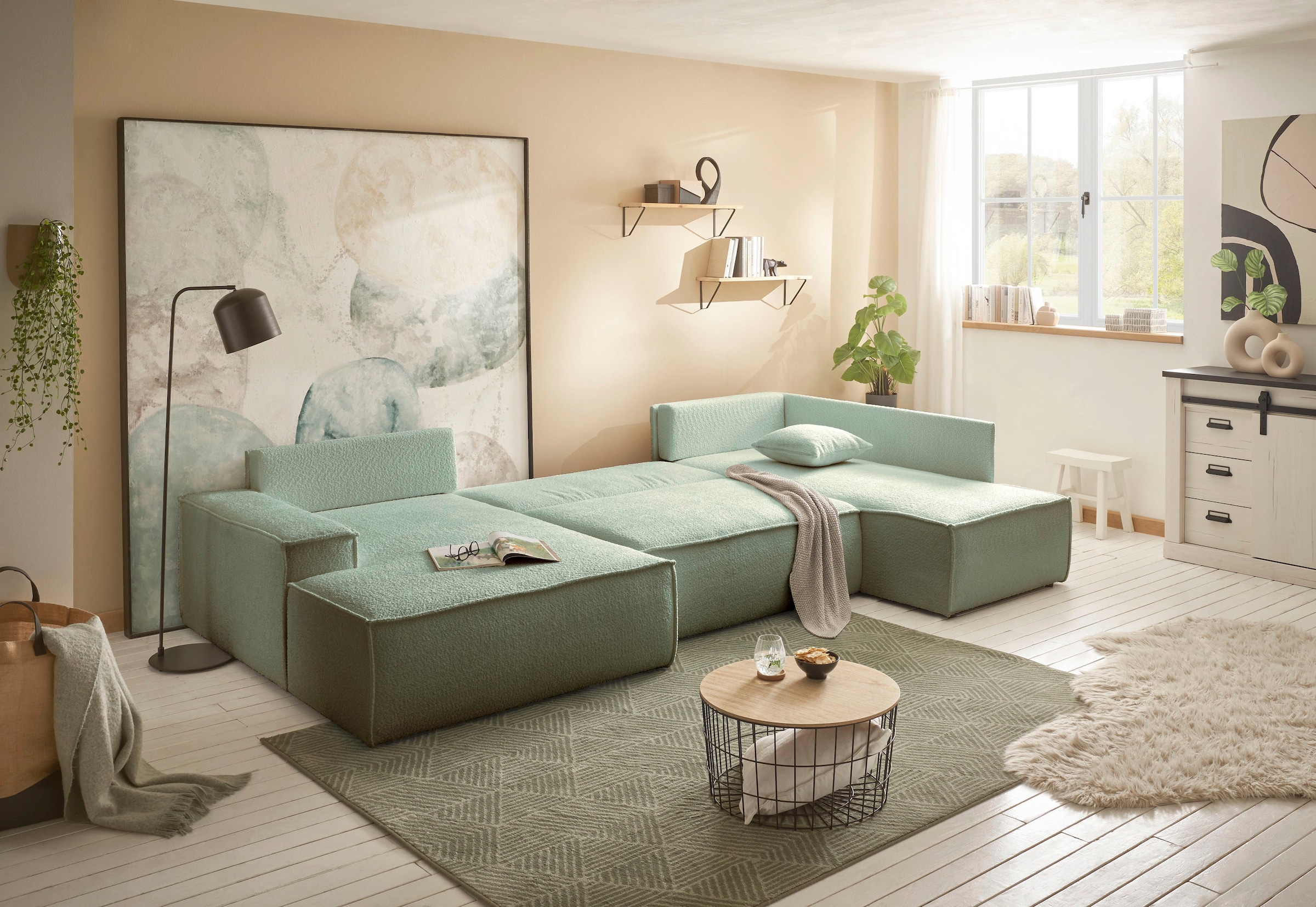 andas Wohnlandschaft »FINNLEY U-Form XXL 329 cm, Schlafsofa, Schlaffunktion m. Bettkasten«, (194/139 cm), Bouclé, Struktur und Cord