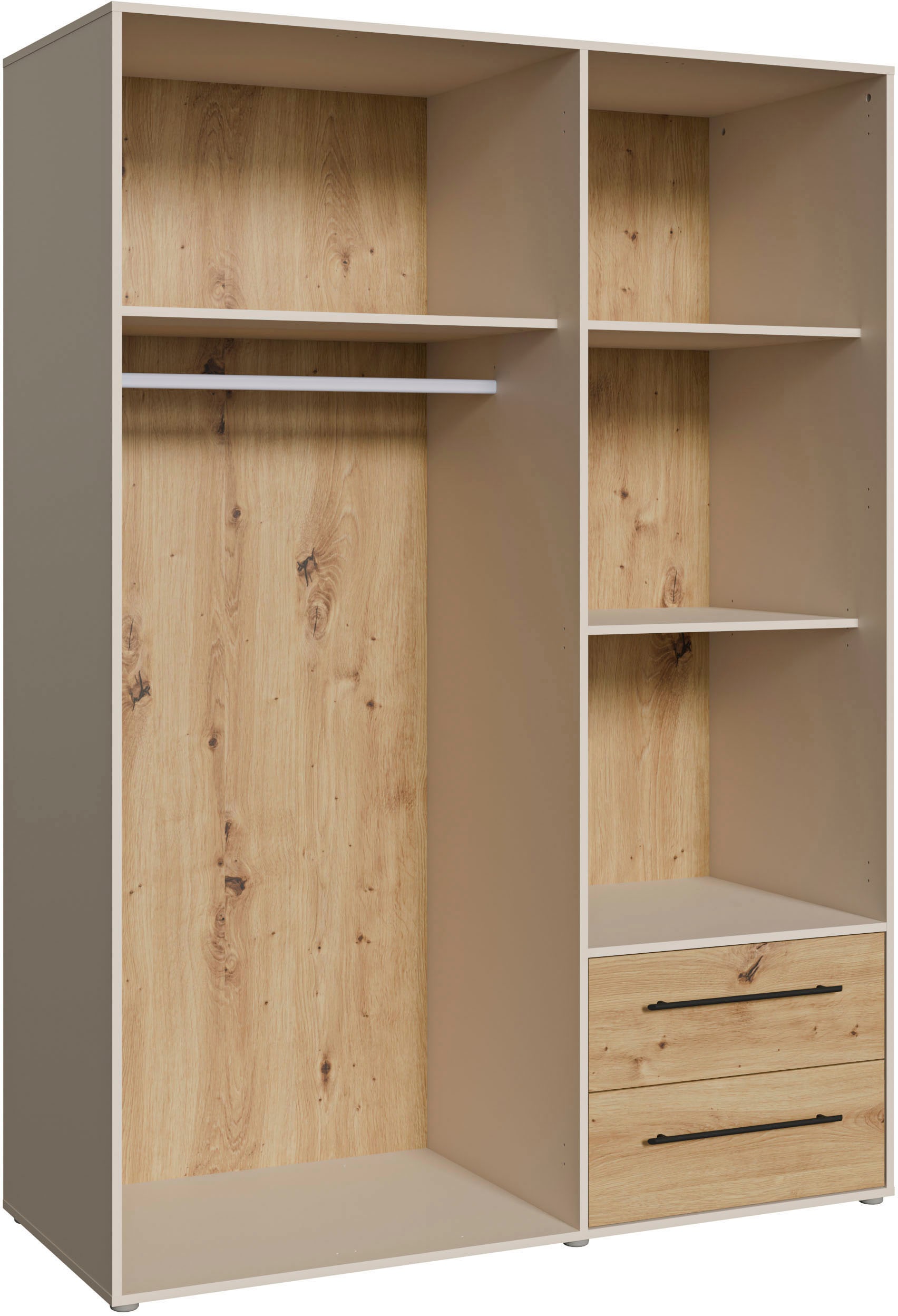 FORTE Kleiderschrank »Mokkaris , Garderobe, zeitloses Design, 3 Türen, Made in Europe« B/H/T ca. 144x200x59cm,  Zwei Schubladen, schwarze Stangengriffe, Stauraum, auch in Schwarz