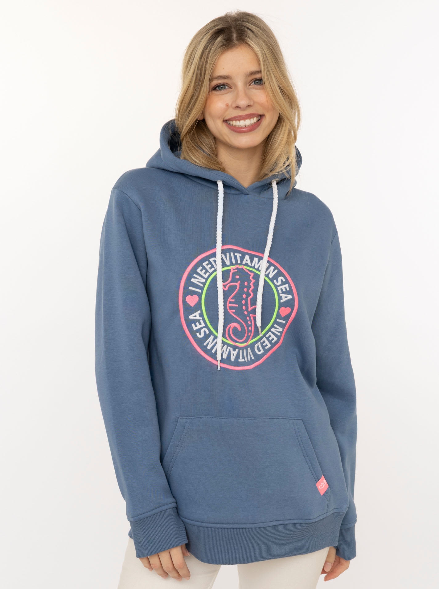 Image of Zwillingsherz Hoodie ""Seepferdchen"", runde Stickerei, maritimer Look, Kapuze, Tasche