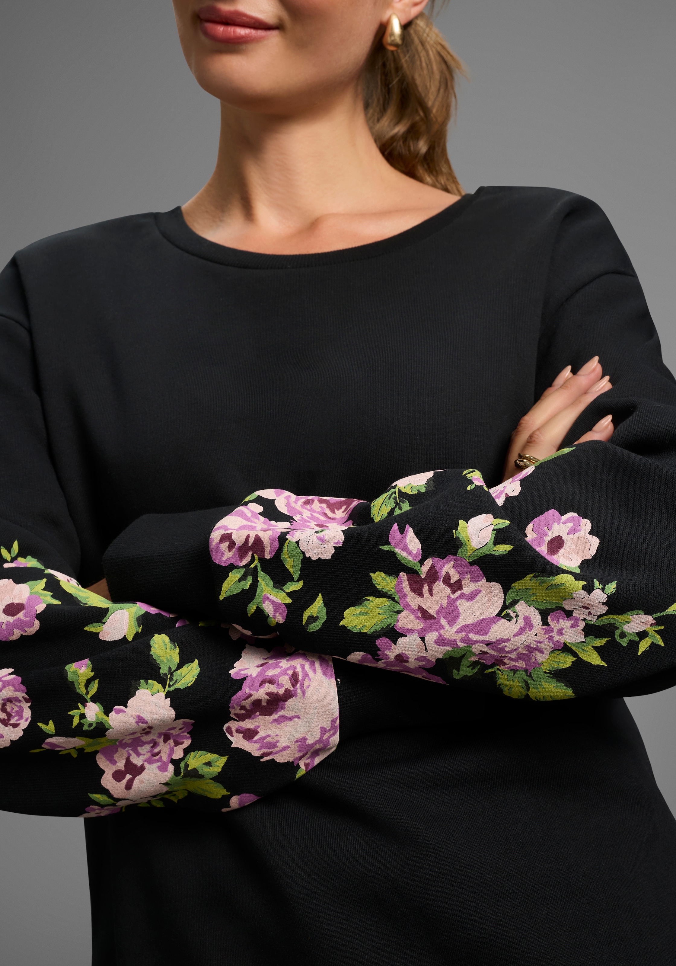 Laura Scott Sweater, Weiche Baumwollmischung mit Blumenprint auf den Ärmeln