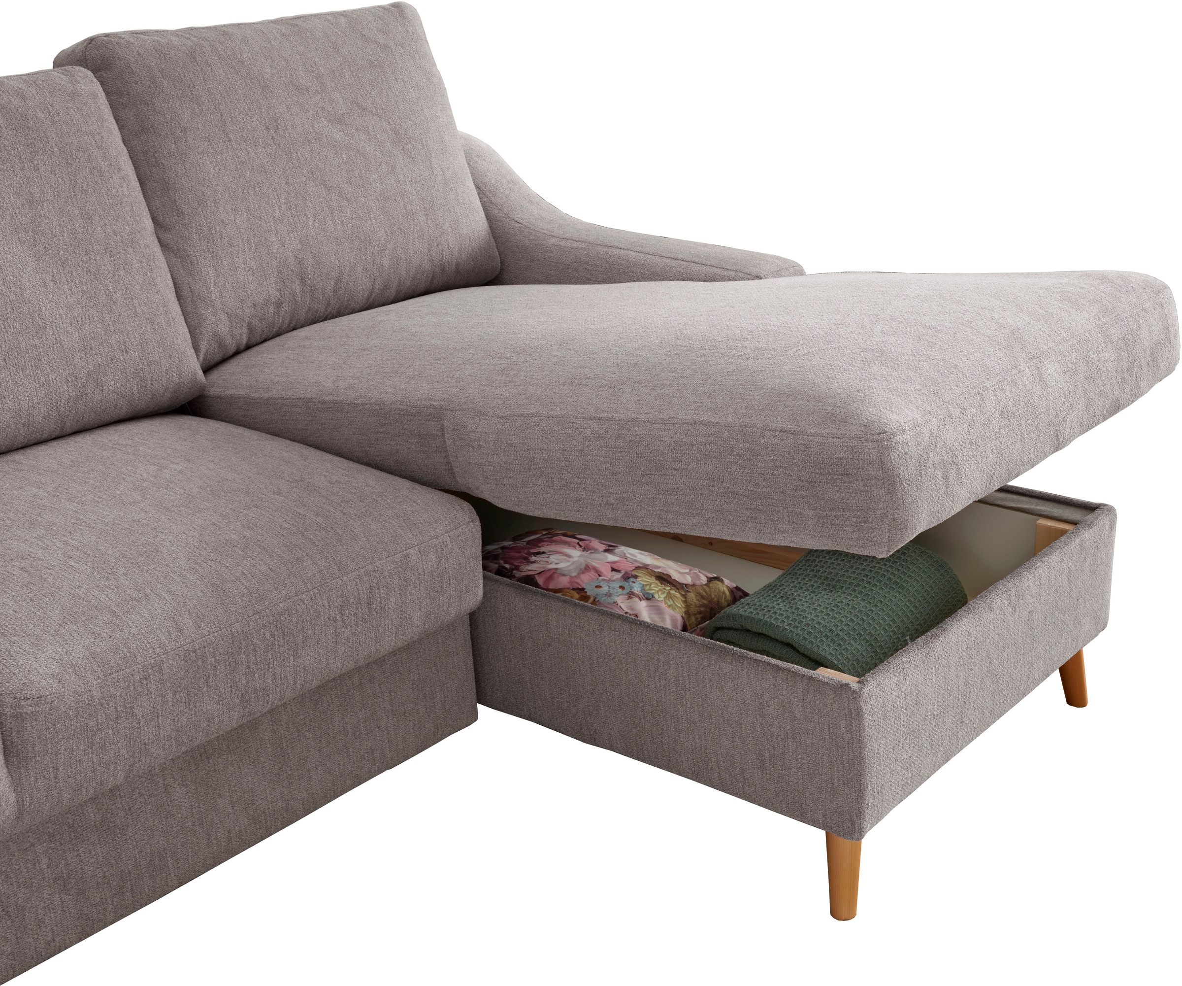 Home affaire Canapé d'angle »Valentina L-Form« 2 Zierkissen, mit Seitentasche, ausziehbarer Liegefläche, Bettkasten