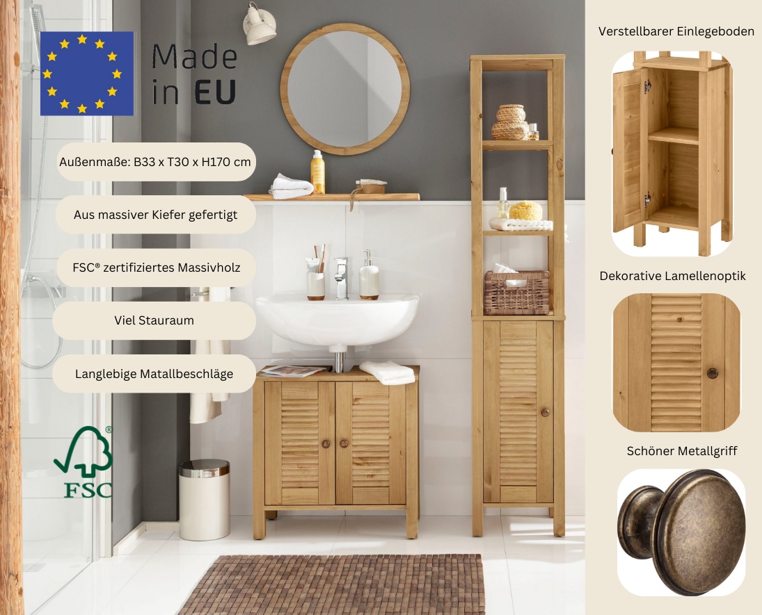 GOODproduct Armoire haute »Ayanna« Badschrank aus Massivholz, FSC®,  Breite 33 cm, Höhe 170 cm