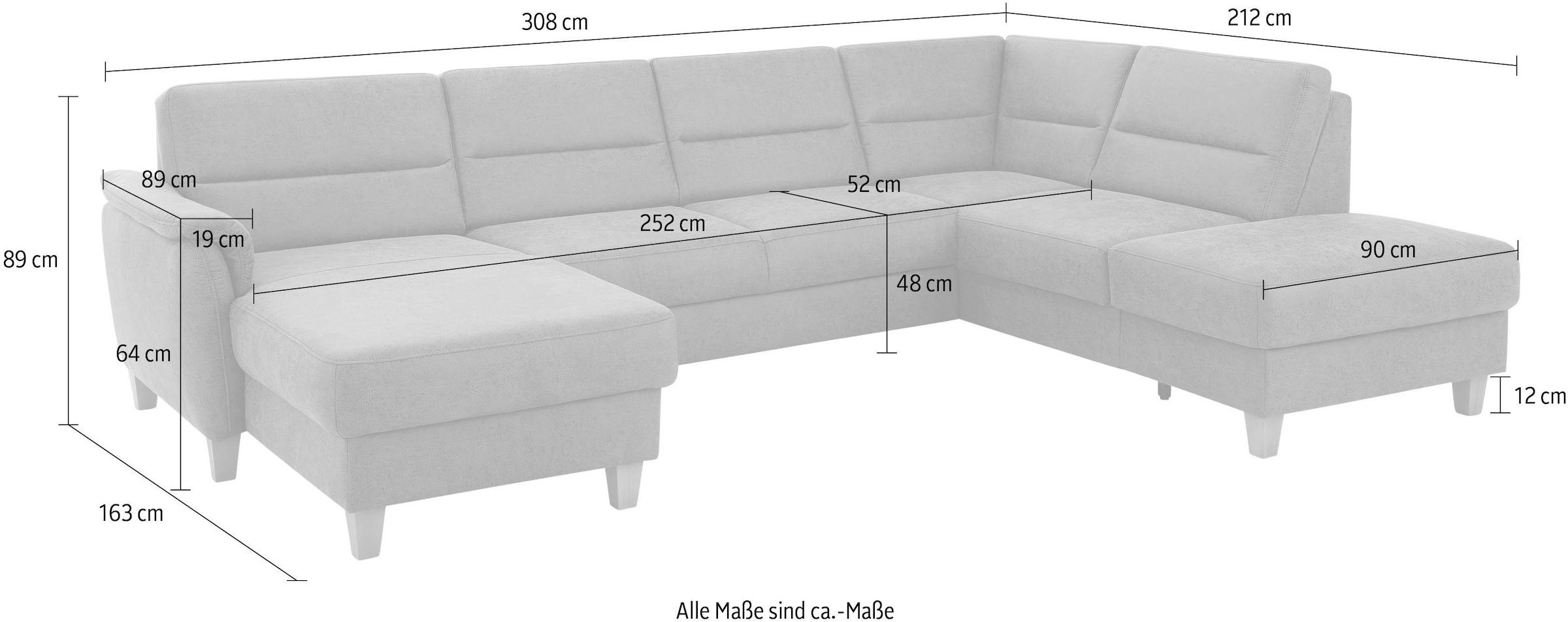 Home affaire Wohnlandschaft »Palmera U-Form, B: 308 cm, grosse Stoff + Leder Auswahl« optional Schlaffunktion & Bettkasten, Federkern, XXL-Wohnlandschaft