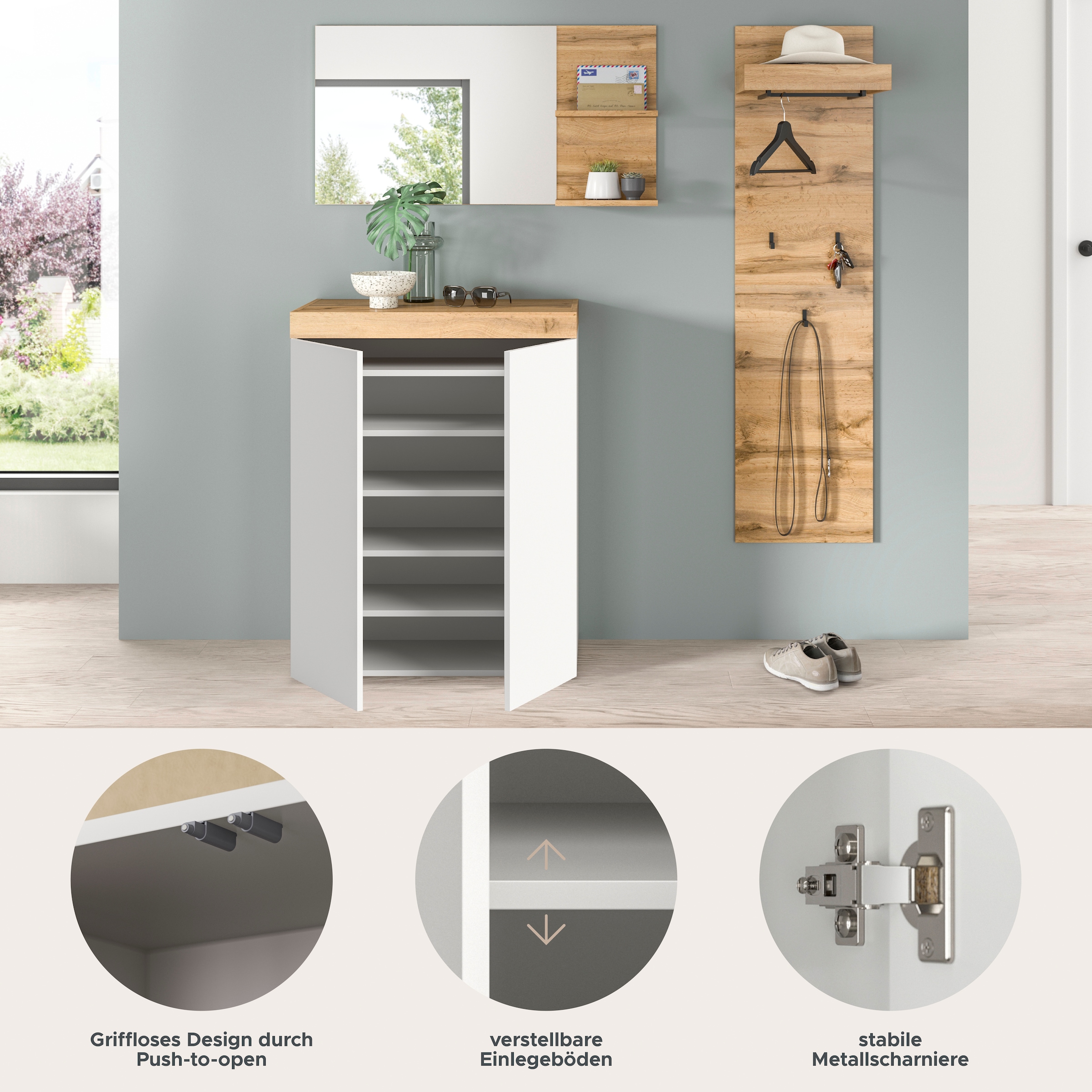 GOODproduct Garderoben-Set »MAMBO, 3-teilige Kombination, stehend & hängend montierbar« bestehend aus: Kommode, Spiegel, Garderobenpaneel, 3 Stk. tlg.