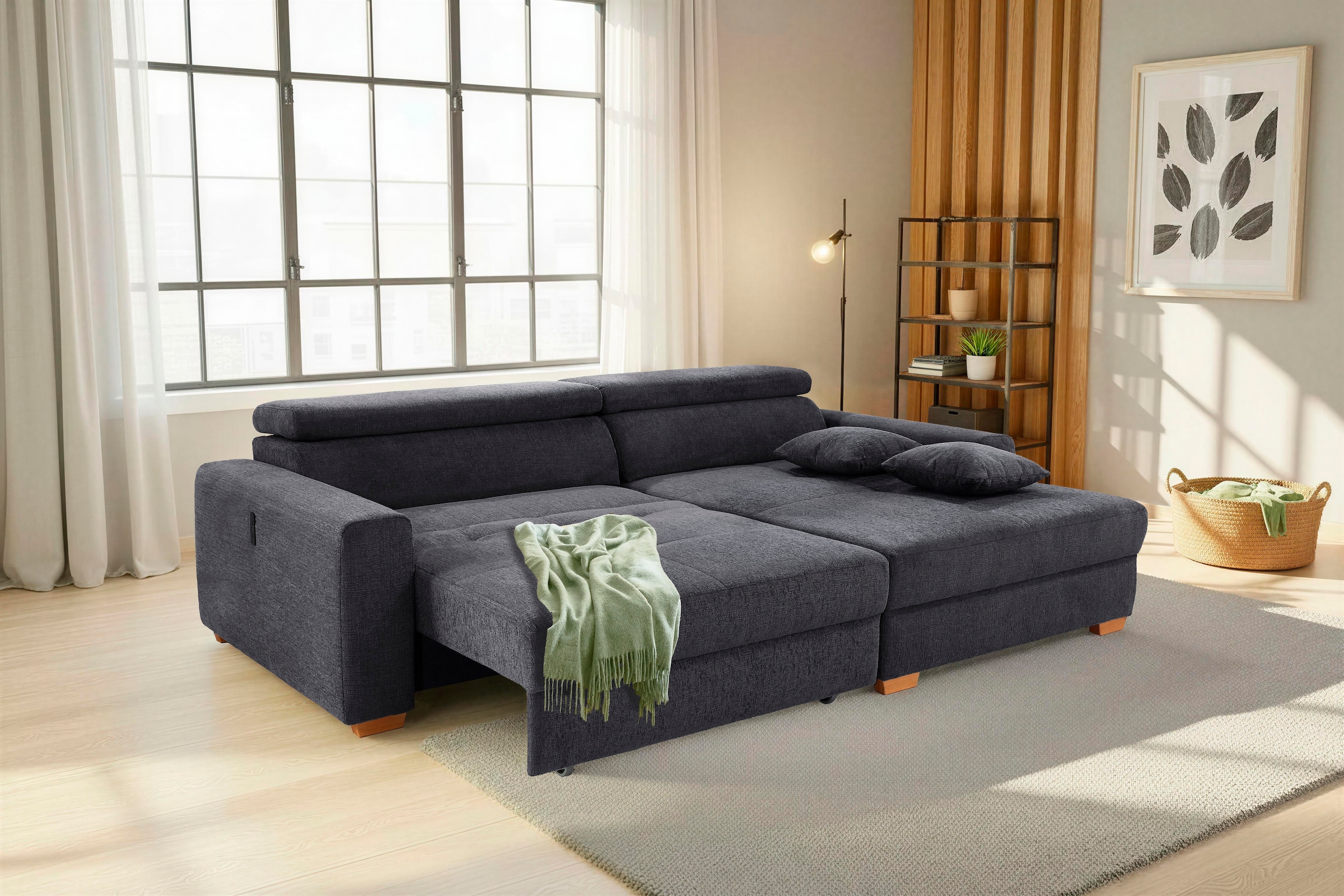 Jockenhöfer Gruppe Ecksofa »Slider L-Form, B: 277 cm, mit 60 cm elektr. Sitztiefenverstellung« 140kg Belastbarkeit, USB-Anschluss, Kopfteilverstellung & Zierkissen