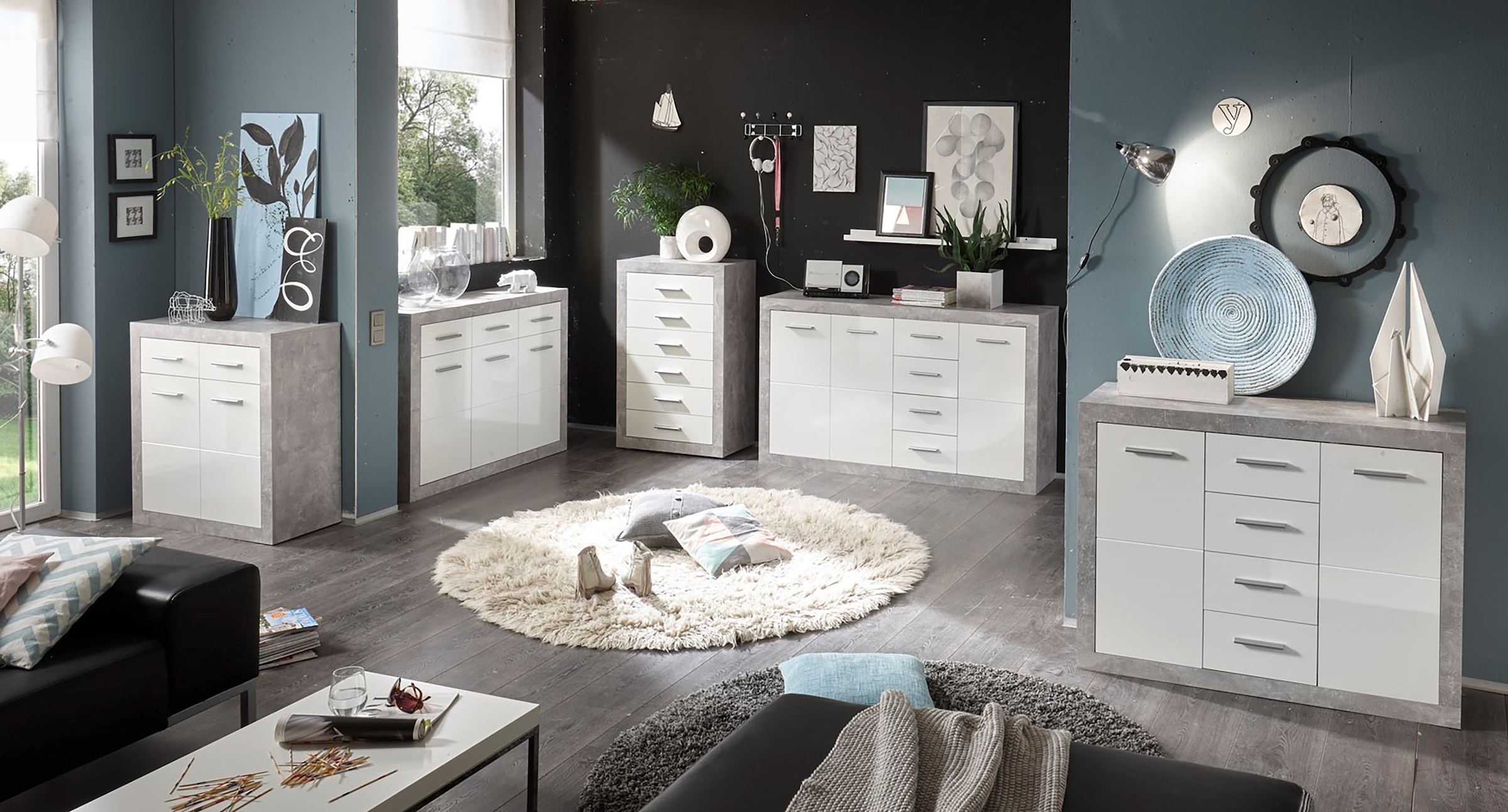HBZ Sideboard »Stone weiss Hochglanz, Schrank mit Schubkästen BxHxT 66x102x37 cm«, (1 St.), Beton Dekor und weiss Hochglanz, Schrank mit 6 Schubkästen