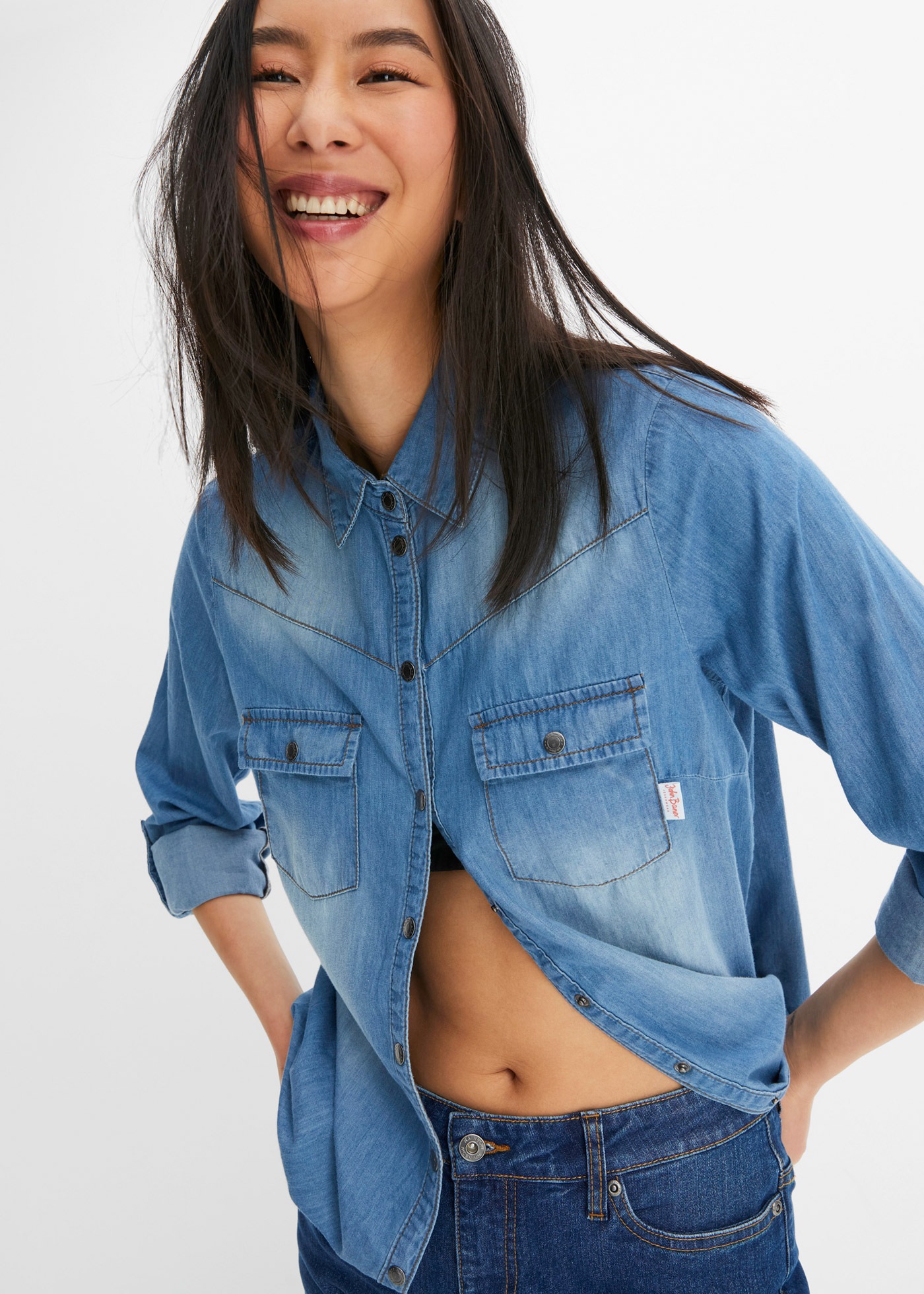bonprix Jeansbluse »Jeansbluse mit Druckknöpfen, Langarm« mit Druckknöpfen, schmal geschnitten