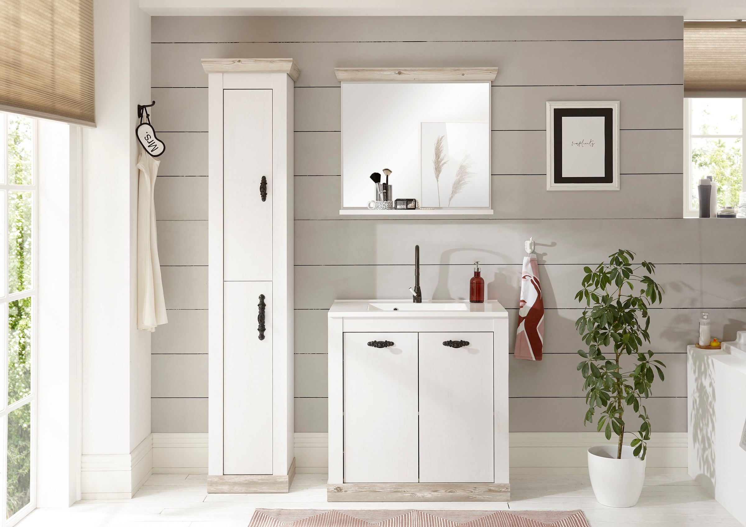 Home affaire Badmöbel-Set »Florenz, Bad im Landhausstil, 3-teiliges Badezimmer«, (3 St.), Waschtisch, Schrank und Spiegel mit Ablage, in Pinie Weiss, Stauraum