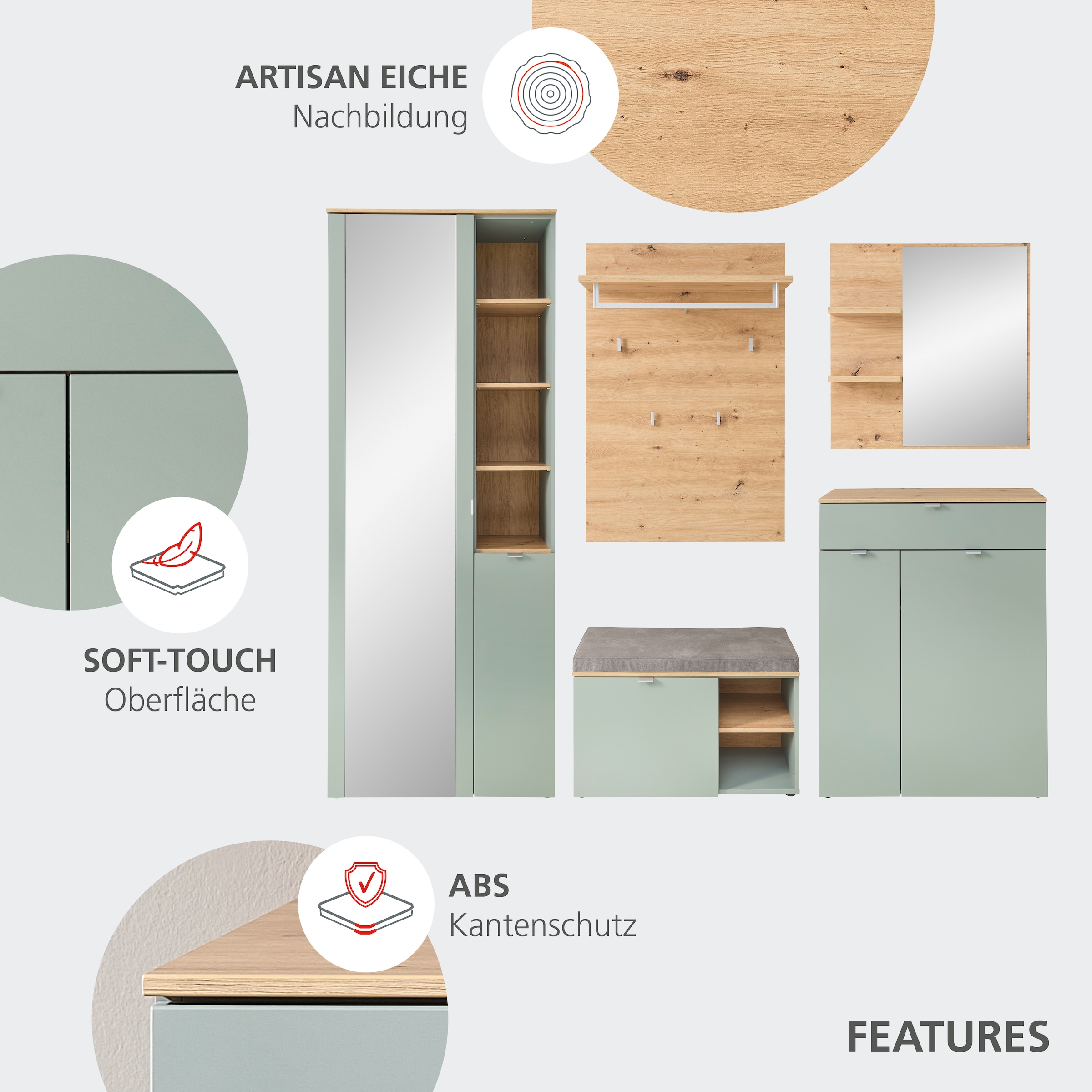 Innostyle Garderobenschrank »BARI Garderobenschrank mit Spiegel,  BxHxT 78x202x38 cm« 1 Stk. tlg. 2 türig, 10 Fächer, Softclose, ABS Kantenschutz, Kleiderstange