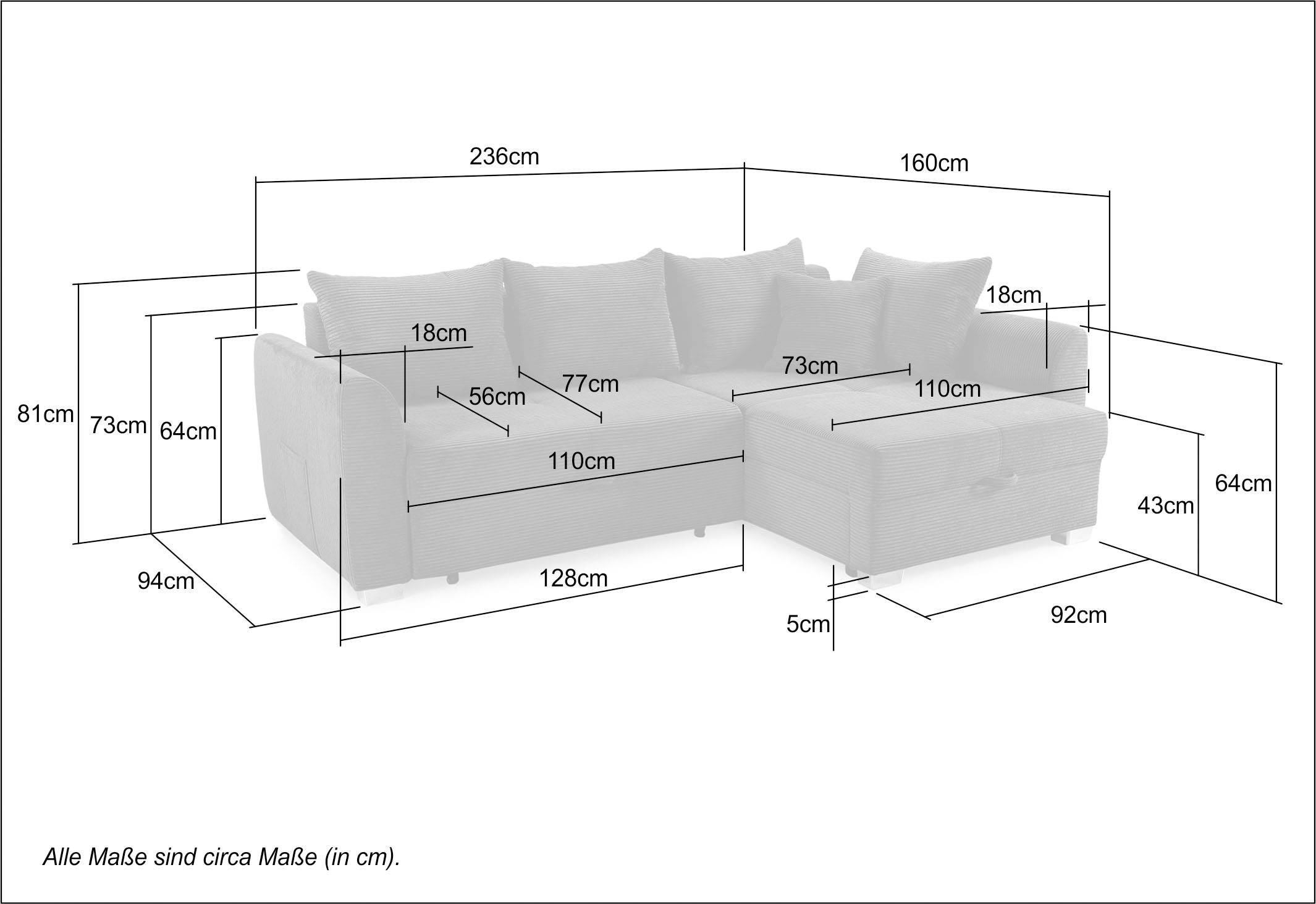 Jockenhöfer Gruppe Ecksofa »Boomer L-Form, B: 236 cm« mit Bettfunktion, Bettkasten & Zierkissen, 2 separate Liegeflächen