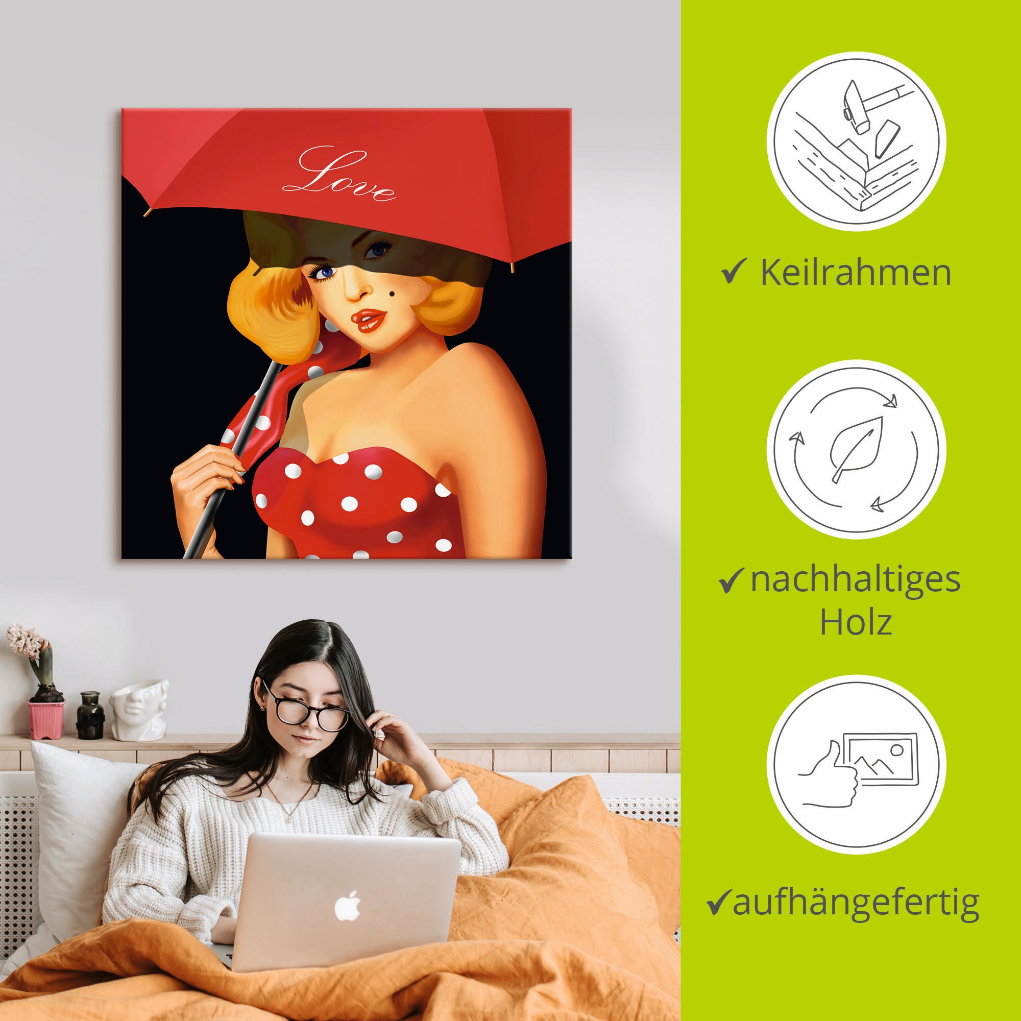 Artland Wandbild »Pin-Up Girl unter rotem Regenschirm« Frau 1 Stk. tlg. als Alubild, Leinwandbild in verschied. Grössen