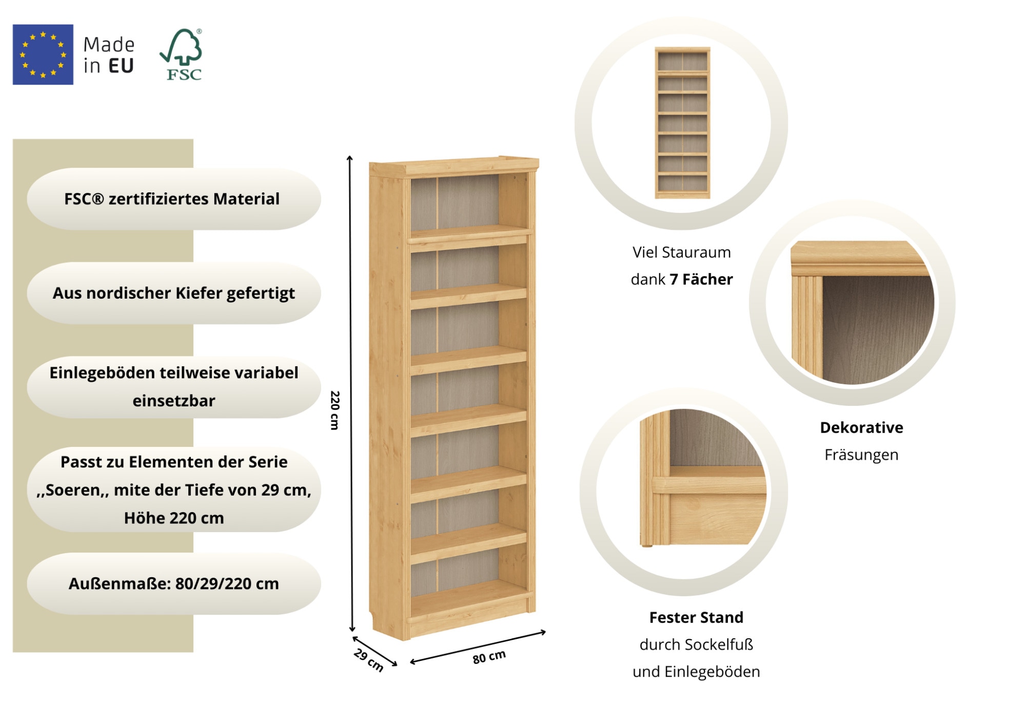 GOODproduct Bücherregal »Soeren Regal B/T/H: 80/29/220 cm« 7 offene Fächer, massive Kiefer, FSC®-zertifiziert